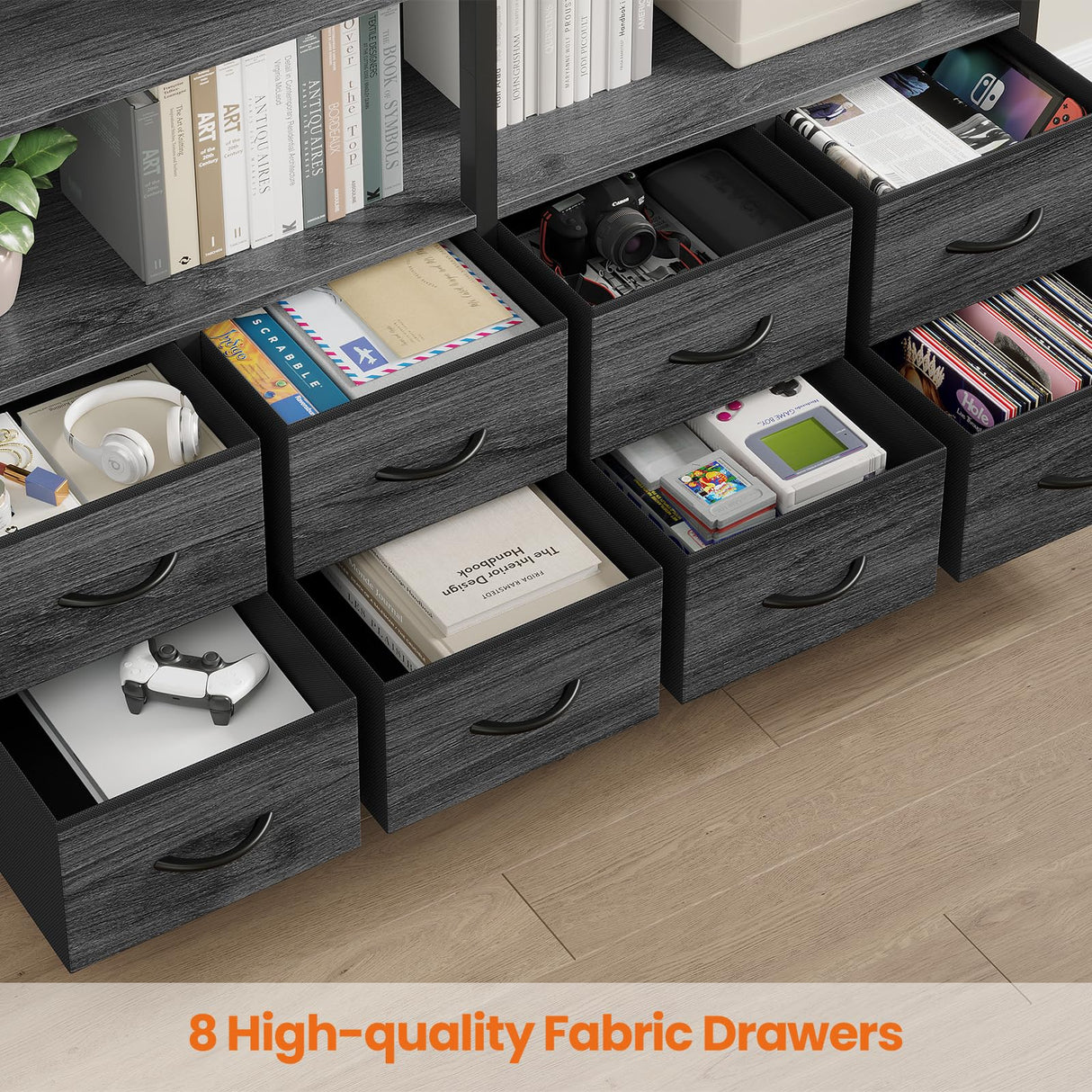 HAUOMS Bookshelf with 8 Fabric Drawers, 7-Tier Bookcase with Baffles Display Shelves, Industrial Large Book Shelf for Living Room Home Office, Grey HAUOMS