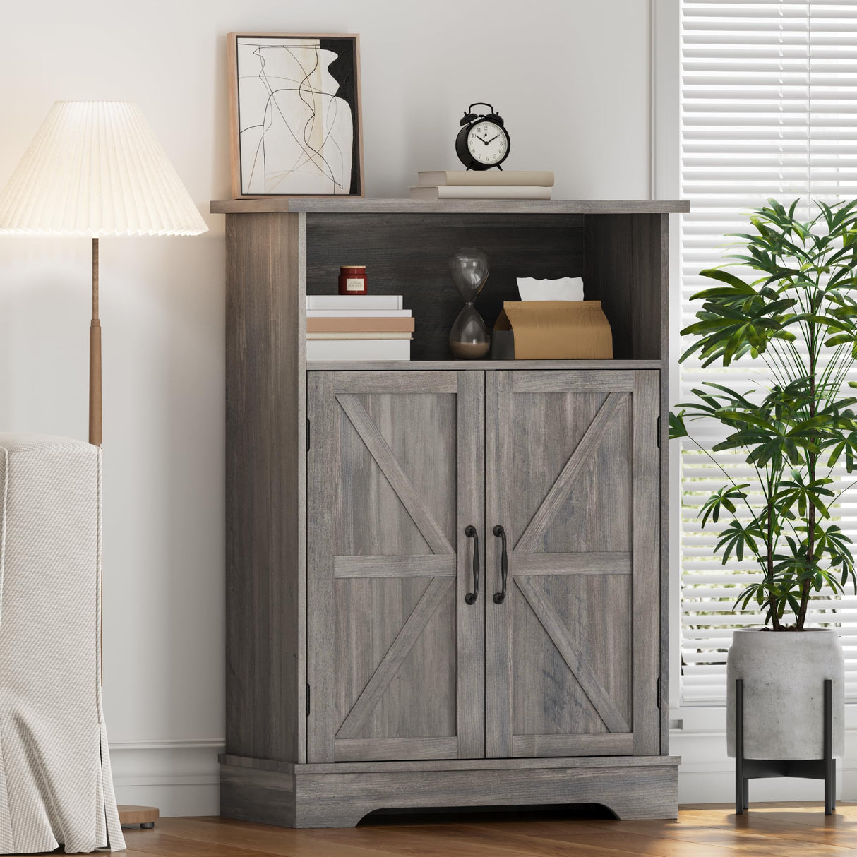 Smuxee Farmhouse Freestanding Cabinet Organizer with Barn Door and Adjustable Shelf, Wash Grey, for Bathroom, Kitchen, Living Room Smuxee