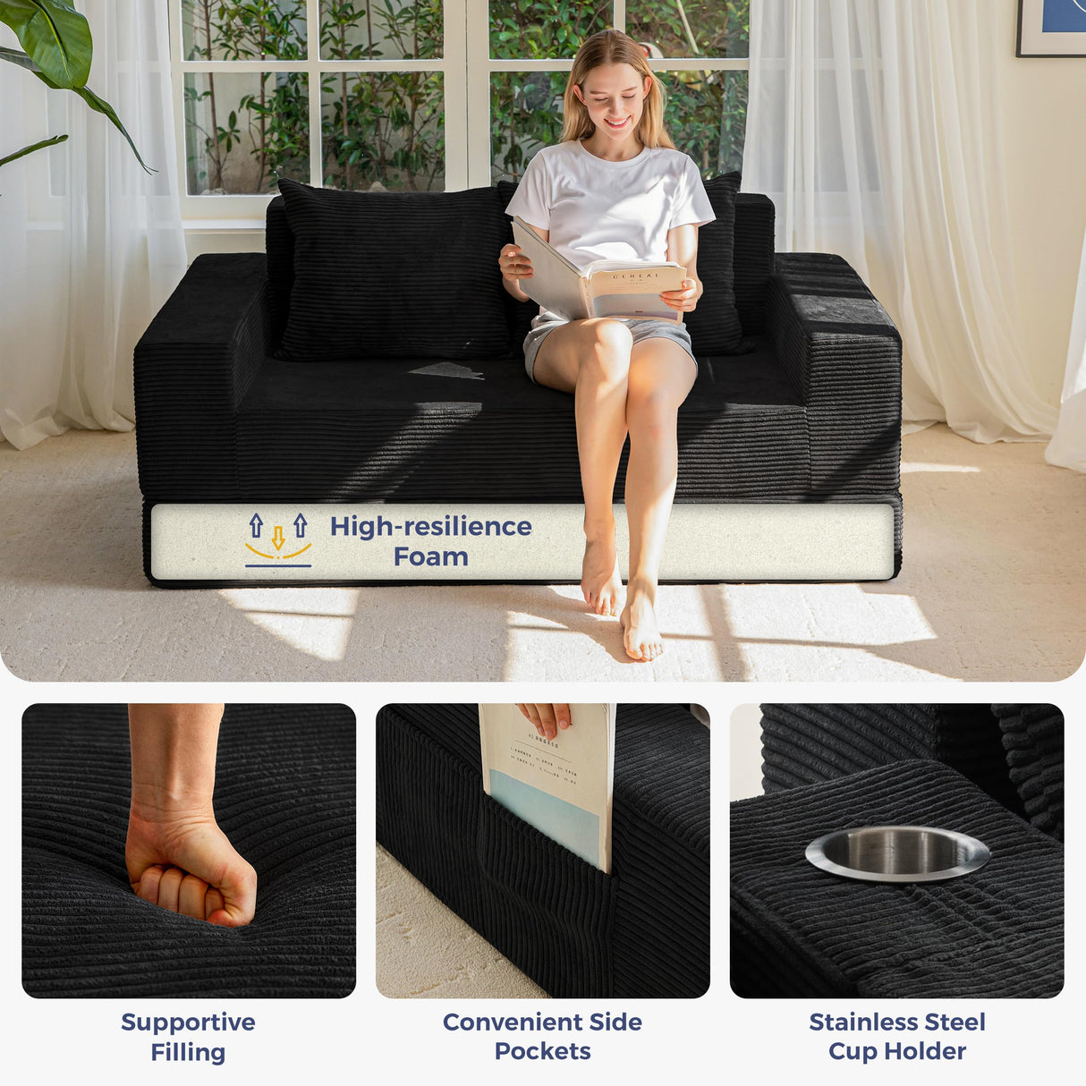 MAXYOYO Loveseat Sofa Bed, 4 in 1 Foldable Floor Sofa Couch in A Box with 2 Cup Holders, Convertible Boneless Couch Folding Recliner Sleeper Chair for Living Room, No Assembly Required, Black MAXYOYO