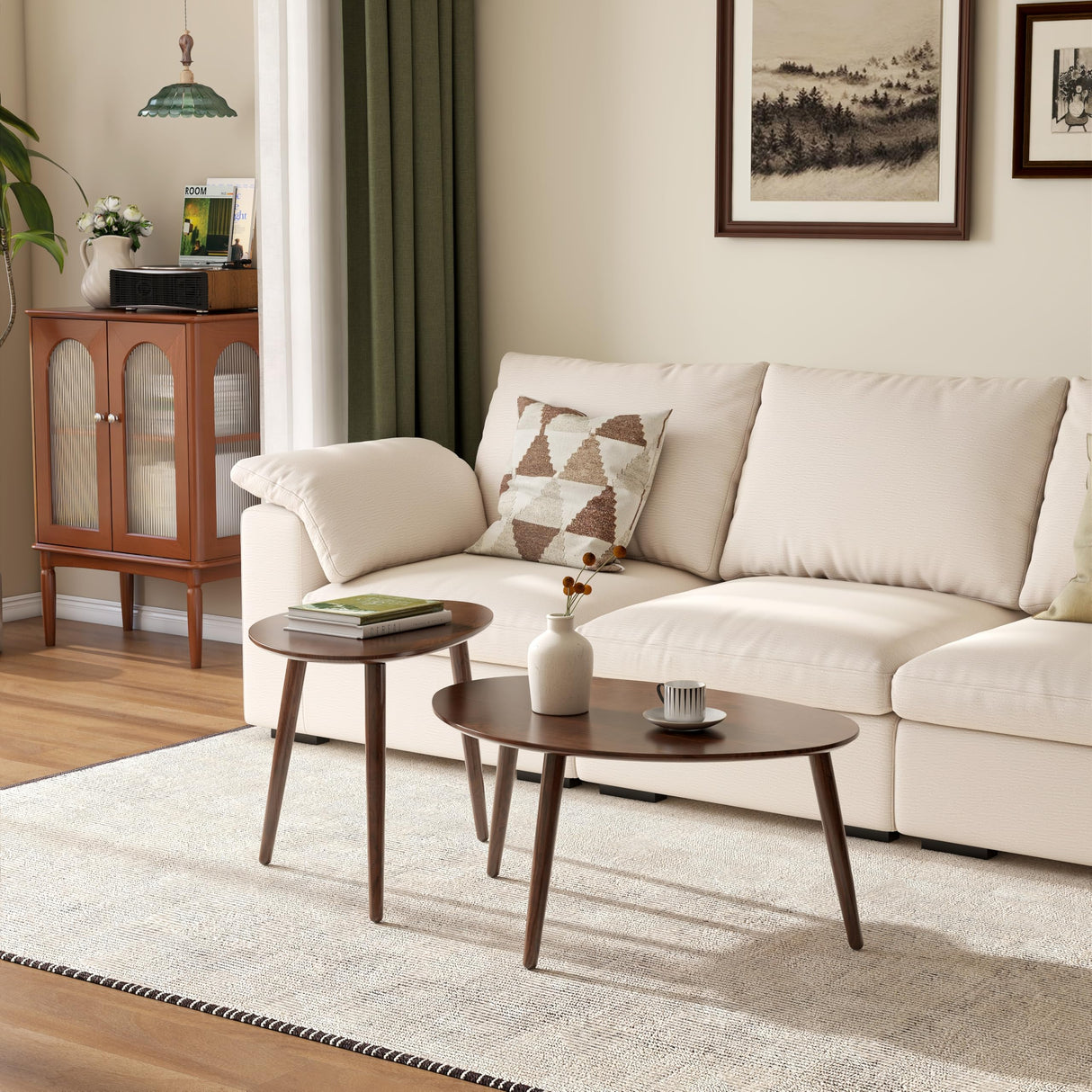 Wayshome Small Oval Coffee Table, Mid Century Modern Coffee Table for Living Room, 100% Solid Oak Wood Side Table End Tables for Home (Walnut Wood Color, 33.46''x22.83''x15.74'') Wayshome