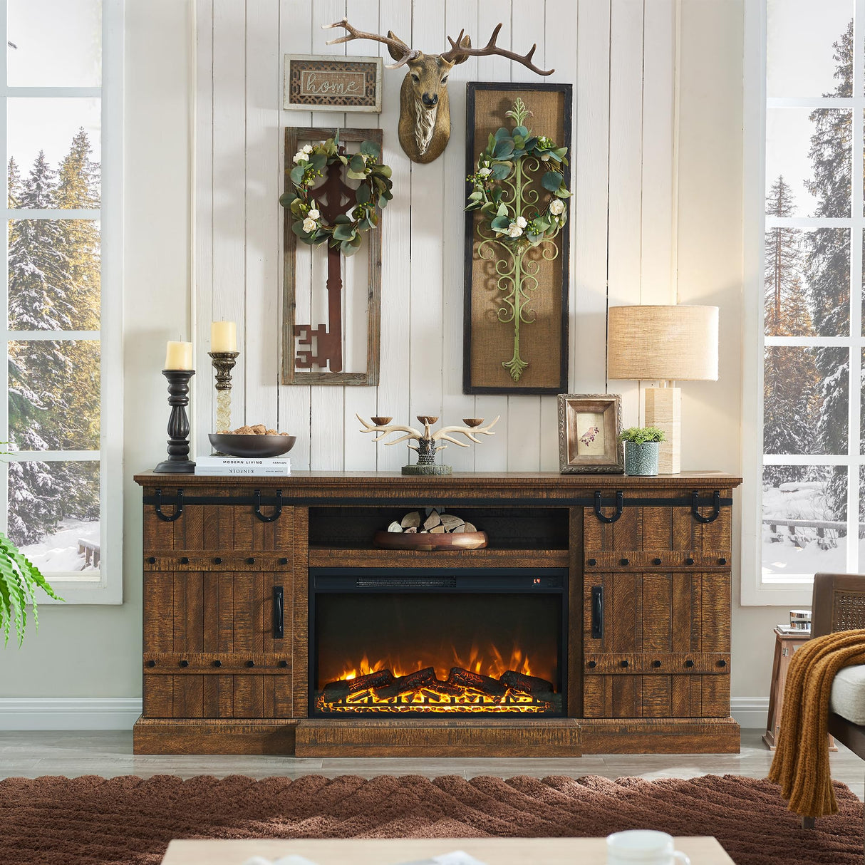 OKD 70" Fireplace TV Stand for 75 80 Inch TV, Farmhouse Highboy Entertainment Center with 30" Electric Fireplace &Sliding Barn Doors, 32" Tall Media Console Cabinet for Living Room, Reclaimed Barnwood OKD