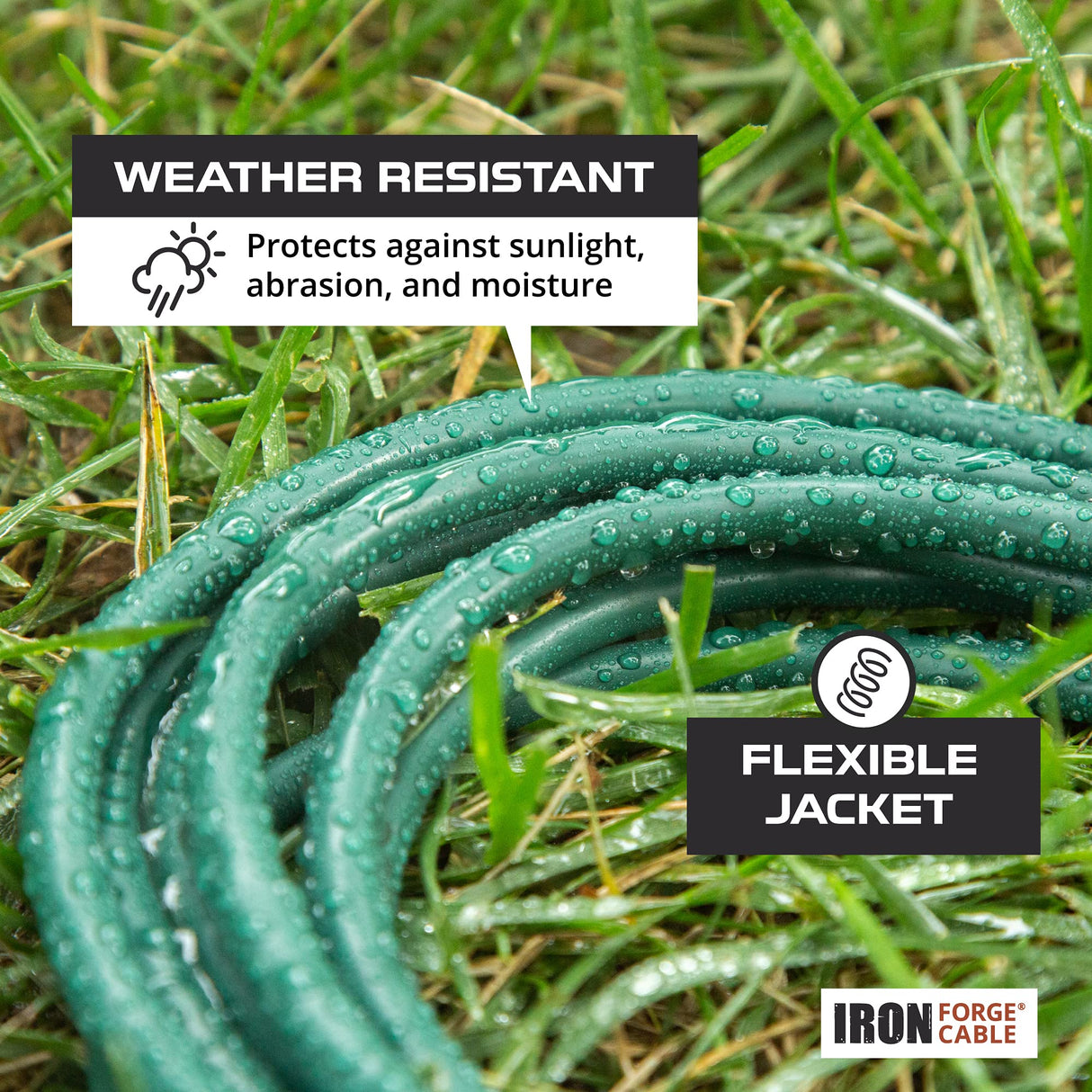 Iron Forge Cable Weatherproof Outdoor Extension Cord 100 ft, 16/3 SJTW Heavy Duty Green Extension Cord 3 Prong, Power Cable Great for Outside, Outdoor Lights, Lawn & Landscaping - US Veteran Owned IRON FORGE CABLE