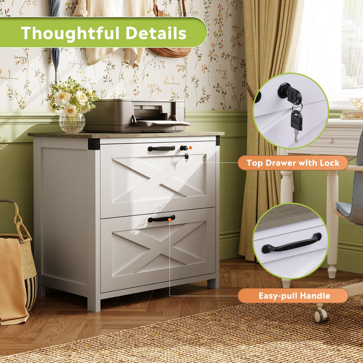 DEVAISE 2 Drawer Farmhouse File Cabinet with Lock, Leteral Filing Cabinet for Letter/Legal/A4 Size, Wood Storage Cabinet for Home Office, White DEVAISE