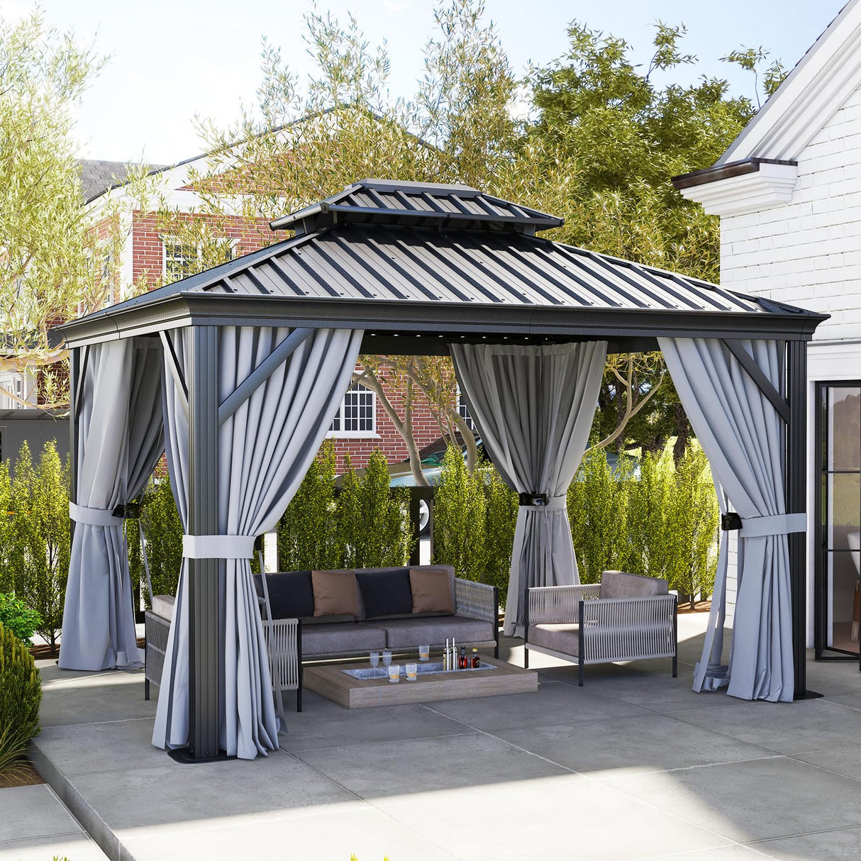 Aoxun 10' x 12' Hardtop Gazebo, Galvanized Steel Dual-Layer Roof, Permanent Aluminum Gazebo, Outdoor Metal Pergolas with Curtains and Netting, for Lawns, Parties, Gardens, Decks, Patios Aoxun