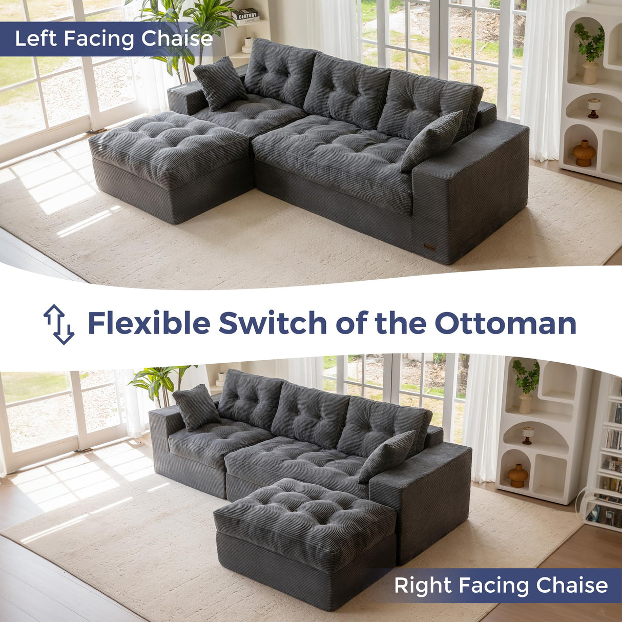 MAXYOYO L-Shaped Sectional Sofa with Convertible Left/Right Ottoman, Cloud Boneless Modular Couch, Layered Cushion & Tufted Upholstered, 4-in-1 Flexible Combination, No Assembly, Dark Grey MAXYOYO