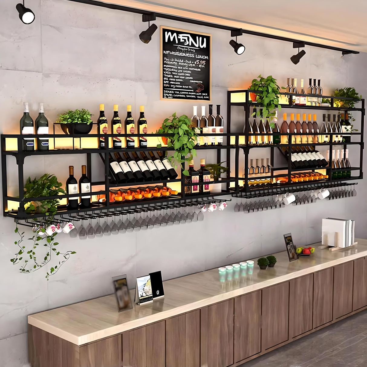 Wall Mounted Wine Rack, Floating Industrial Liquor Glass Holder 3 Tiers, Large Metal Wine Bottle Display Rack Hanging Shelf, for Home Bar Dining Room Decorative (Black-B, 47.42x35.43x9.84in) RAJYQODIS