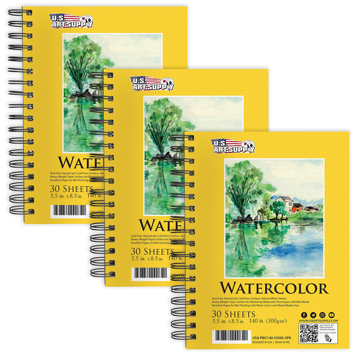 U.S. Art Supply 5.5" x 8.5" Premium Heavyweight Watercolor Painting Paper Pad, Pack of 3, 30 Sheets Each, 140lb (300gsm) - Spiral Bound, Cold Pressed, Acid-Free, Wet, Mixed Media - Artists, Students U.S. Art Supply
