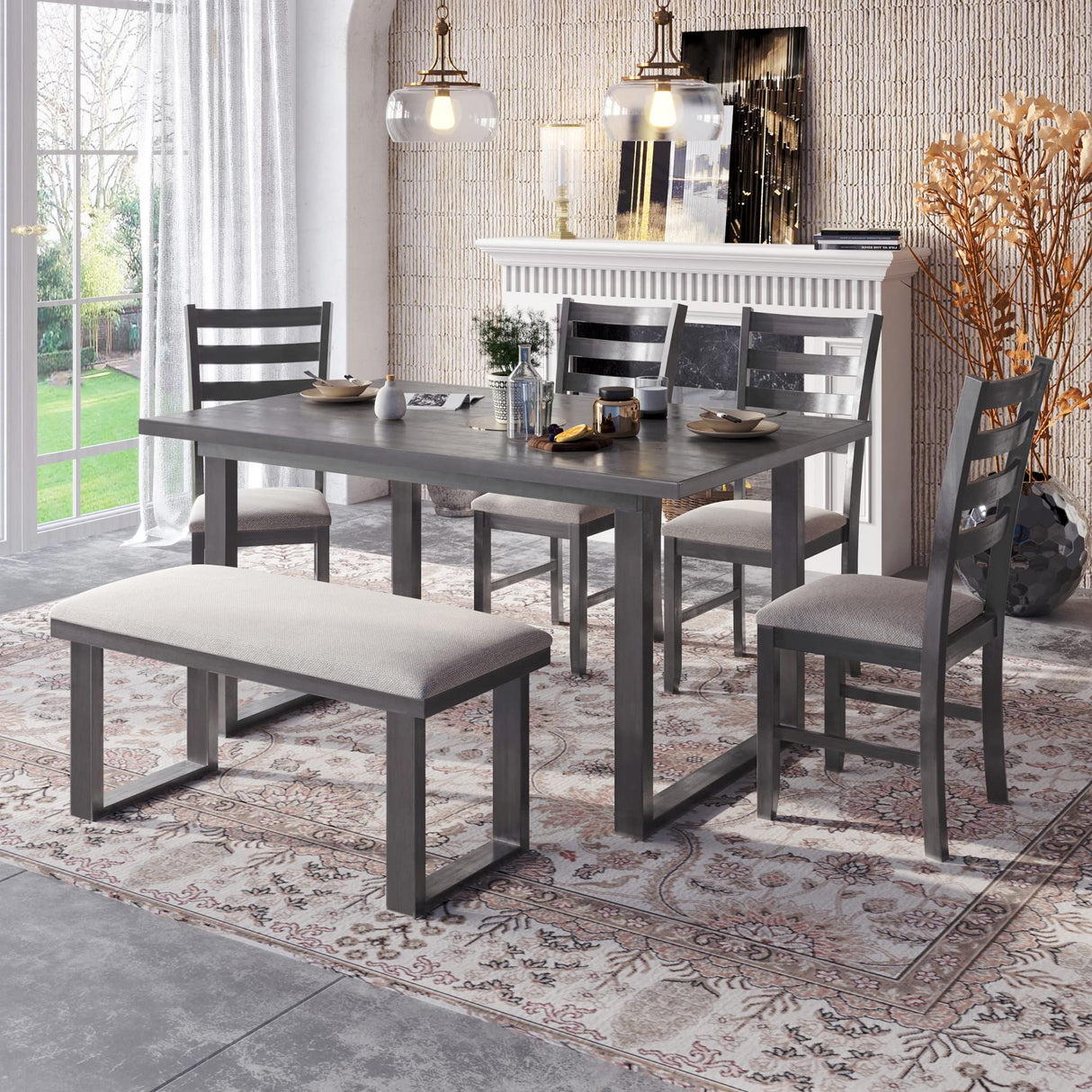 6 Piece Dining Table Set, Kitchen Table Set with Rectangular Table and 4 High Back Upholstered Dining Chairs and Tufted Bench, Wooden Dining Room Table Set for 6 Persons (Gray) Merax