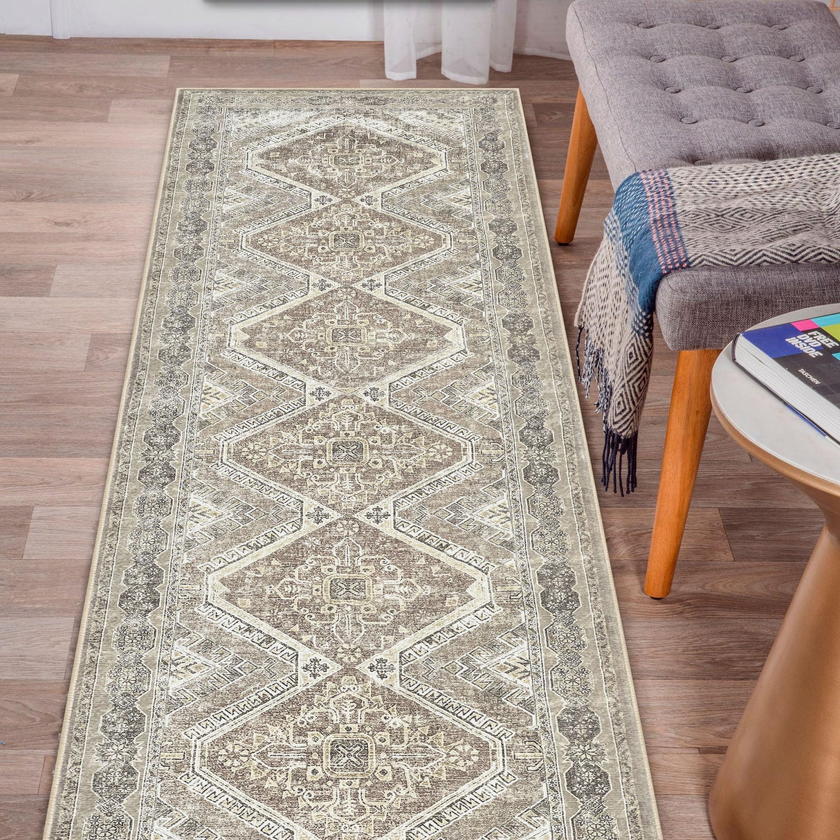 KUTA Extra Long Runner Rug for Hallway 2.6x18ft, Oriental Washable Kitchen Runner Ivory, Non-Slip Stair Runners Indoor Soft Printed Distressed Tribal Farmhouse Carpet Large Area Runner KUTA