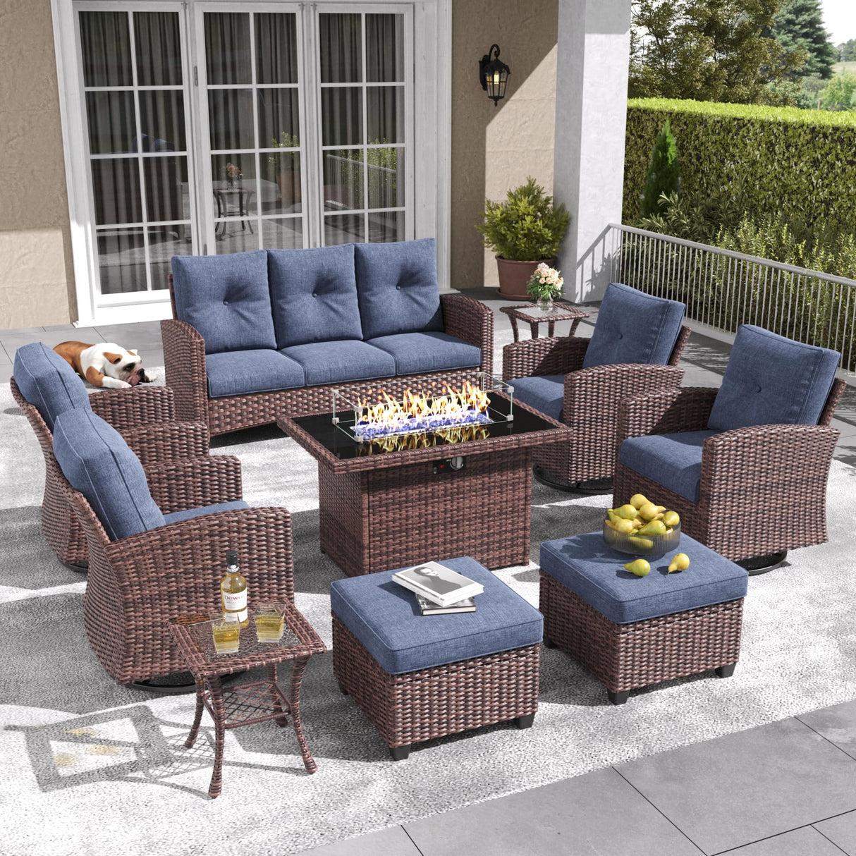LayinSun 10 Pieces Patio Furniture Set with Swivel Chairs, Rattan Wicker Rocking Glide Chairs with 44" Propane Gas Fire Pit Table Conversation Set LayinSun
