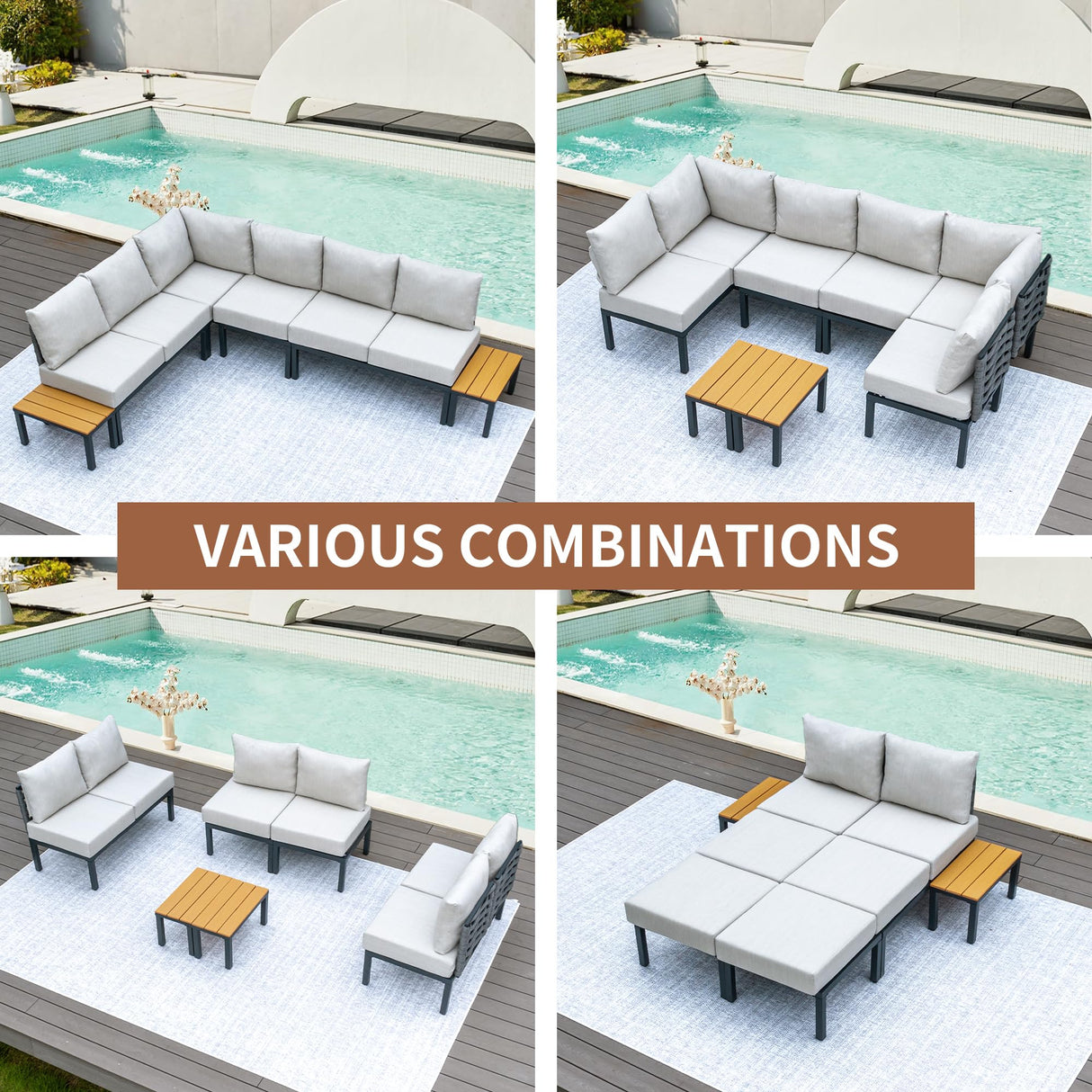 PIZZELLO 8-Piece Outdoor Patio Furniture Set All-Weather Outdoor Conversation Set w/ 6" Ultra Thick Cushions and 2 Coffee Tables, Adjustable Modular Sectional Sofa for Porch, Balcony, Beige PIZZELLO