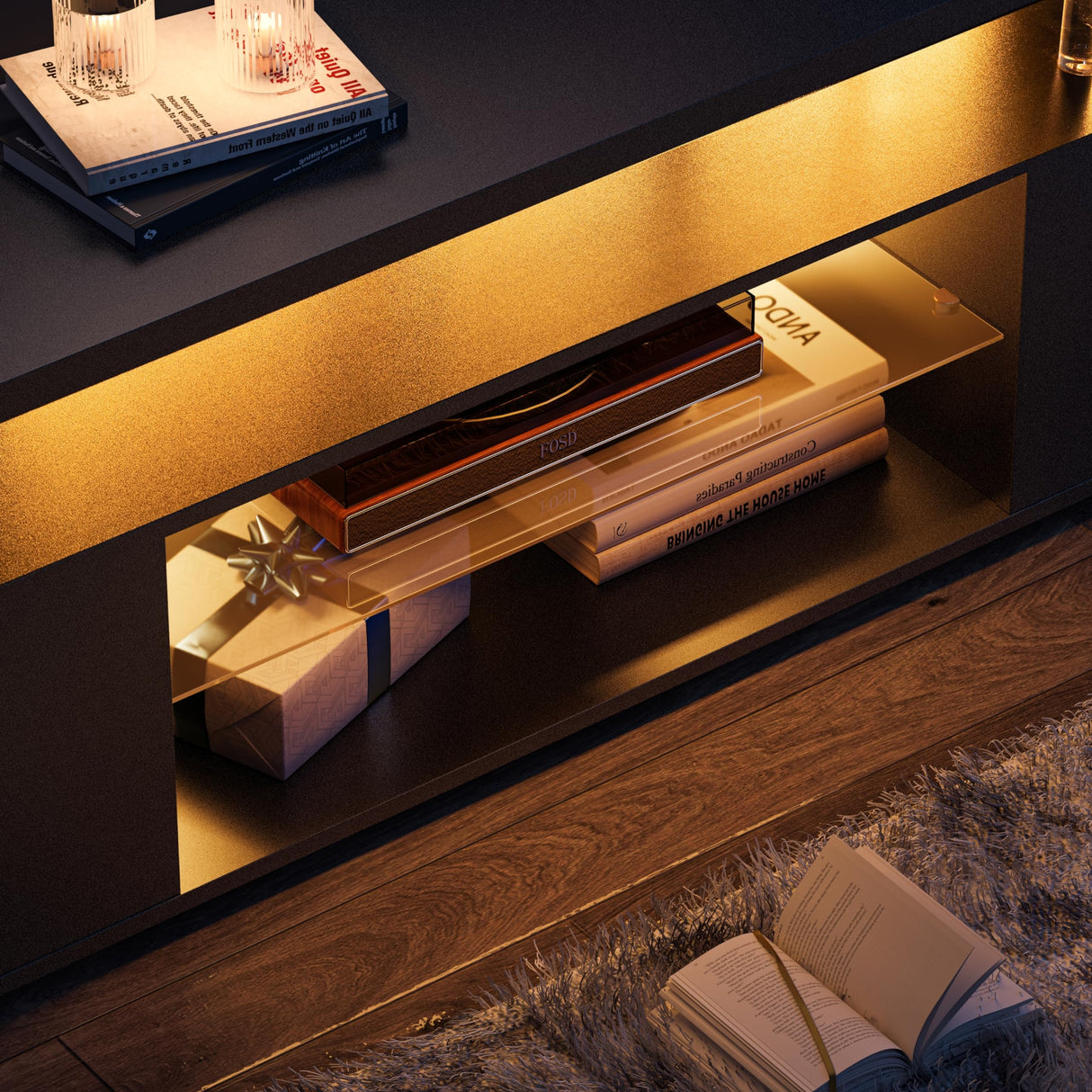 Cubehom Black TV Stand 65 inch,LED TV Stand,Glass Entertainment Center TV Stand, TV Console Tables for Living Room,Bedroom,Home Office Cubehom