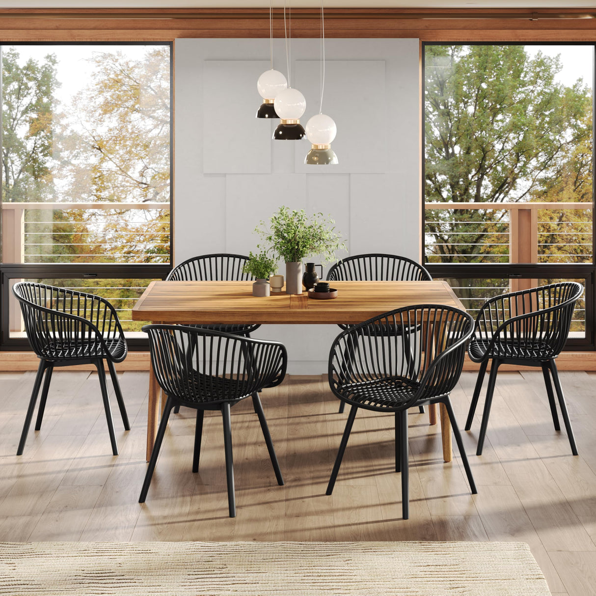 Christopher Knight Home Echoa 7-Piece Patio Dining Table Sets with Umbrella Hole, 63'' Table and Chairs Set for 6 People, Acacia Wood Table Plastic Chairs for Lawn Backyard Garden Deck, Black+Teak Christopher Knight Home
