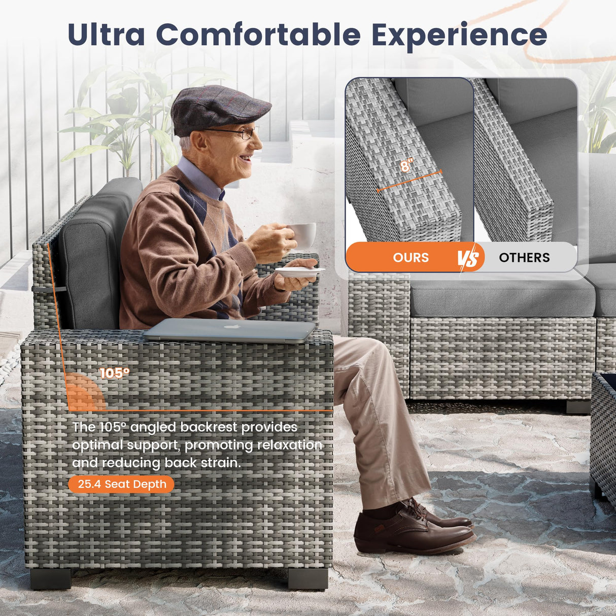 UDPATIO Patio Furniture Set, 8 Inch Armrest Outdoor Sectional Sofa, 6 Piece Wicker Outdoor Furniture Conversation Sets with Waterproof Cover and Coffee Table for Backyard Deck(Grey/Dark Grey) UDPATIO