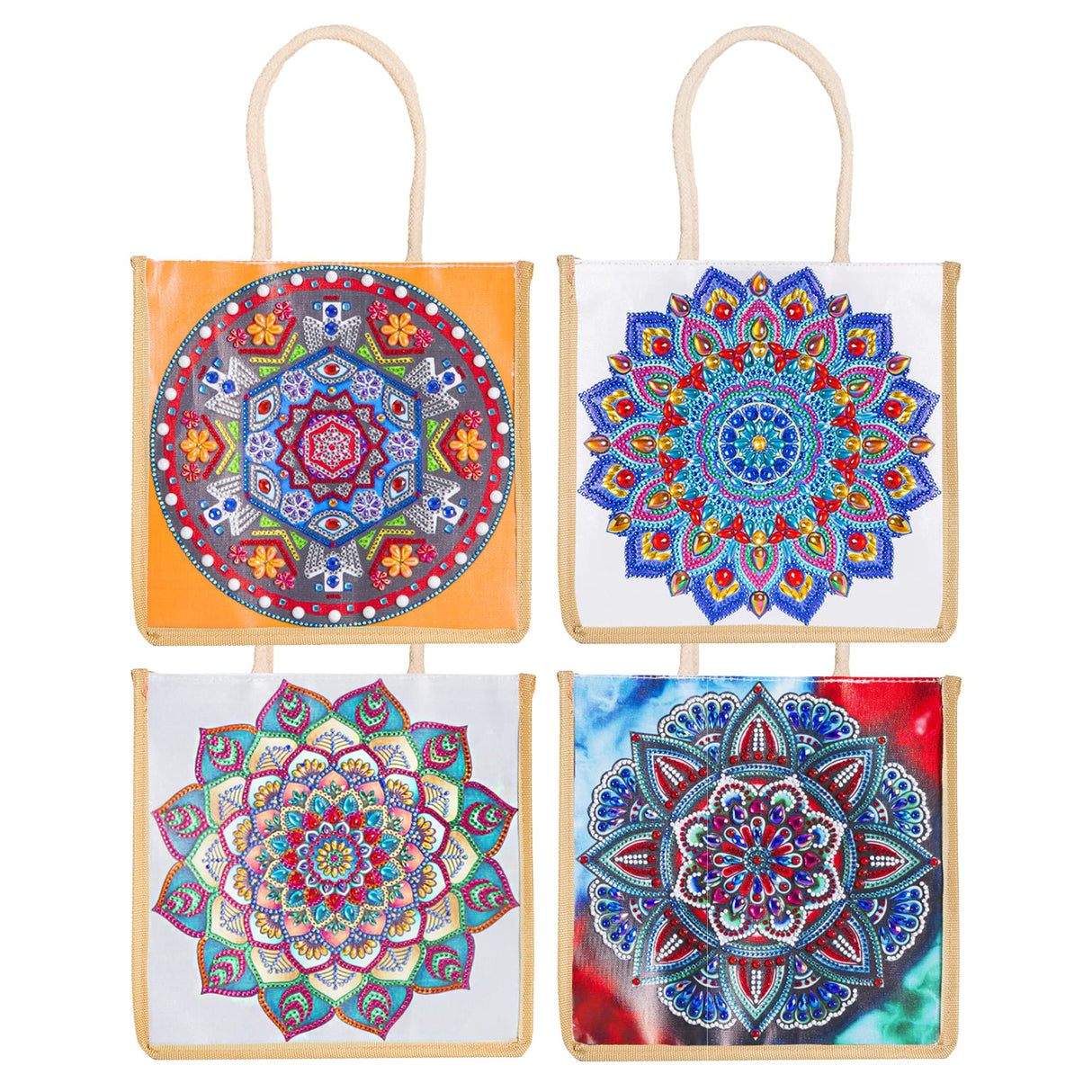 DOOSAI Diamond Painting Canvas Tote Bags 4 Pack Boho Diamond Dots Art Kits Shoulder Bags 5D DIY Handbags Handmade Gifts Reusable Shopping Bags with Handles for Women Adults Work (Mandala Flowers) DOOSAI