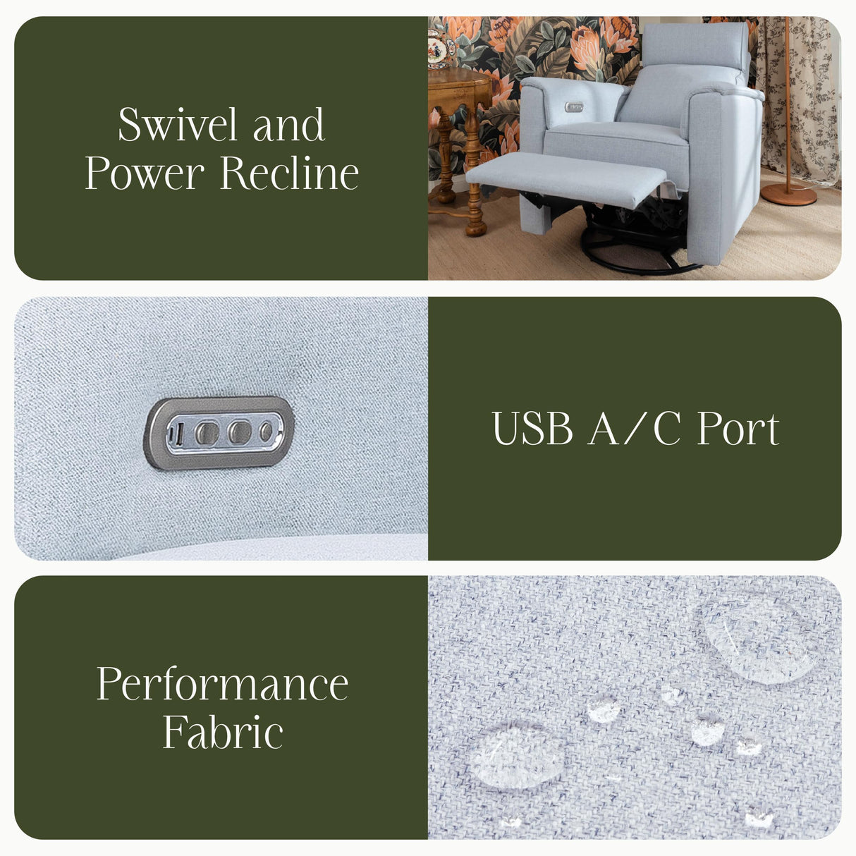 NAMESAKE Willa Plus Power Glider Recliner w/Power Headrest in Performance Blue Chambray Eco-Twill, Water Repellent and Stain Resistant, Greenguard Gold and CertiPUR-US® Certified NAMESAKE