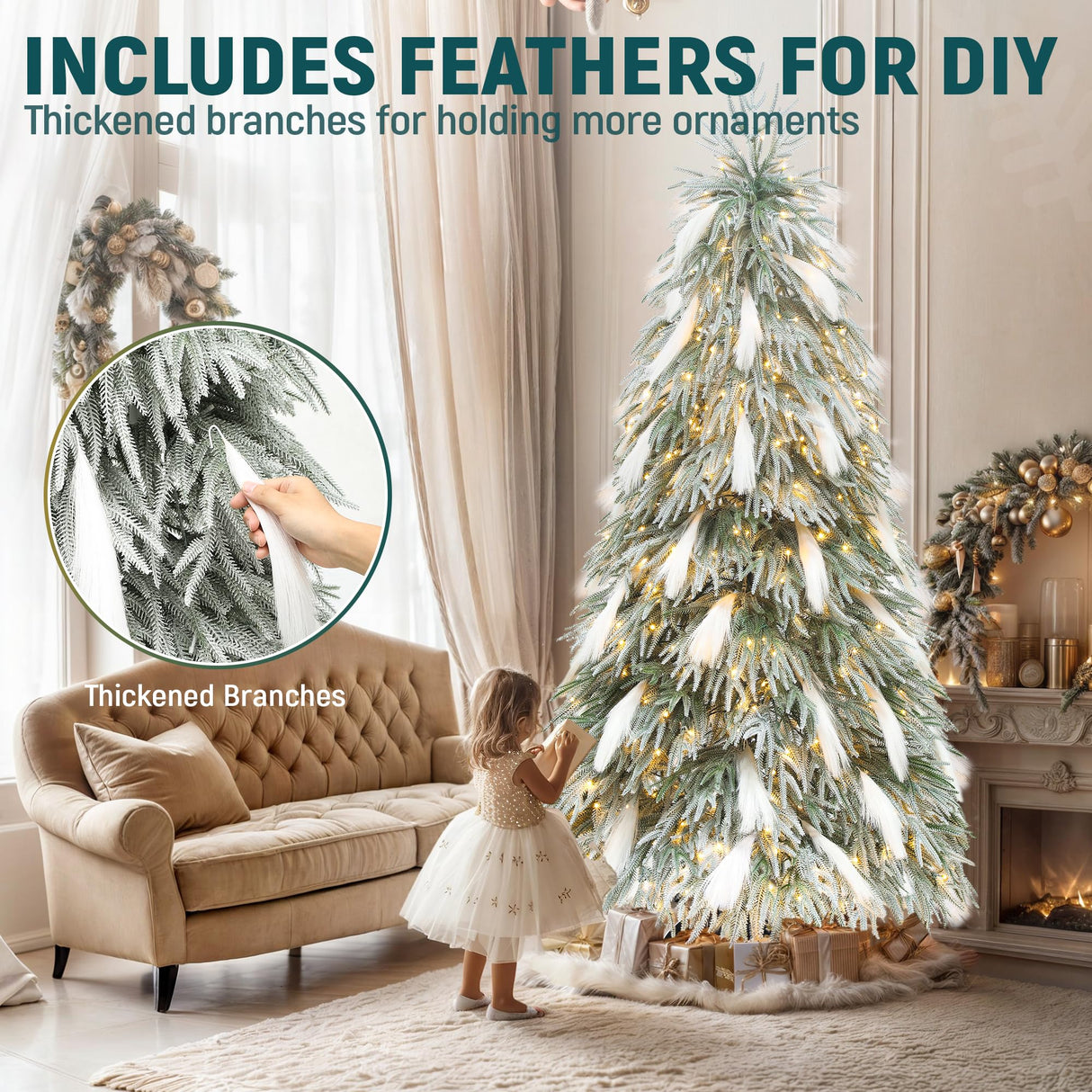 YITAHOME Pre-Lit Flocked Natural Drooping Pampas Christmas Tree, 9ft Snow Flocked Artificial Christmas Tree with 959 PE Branch Tips, 54 Feathers and 900 Lights for Home, Office, Party Decoration YITAHOME