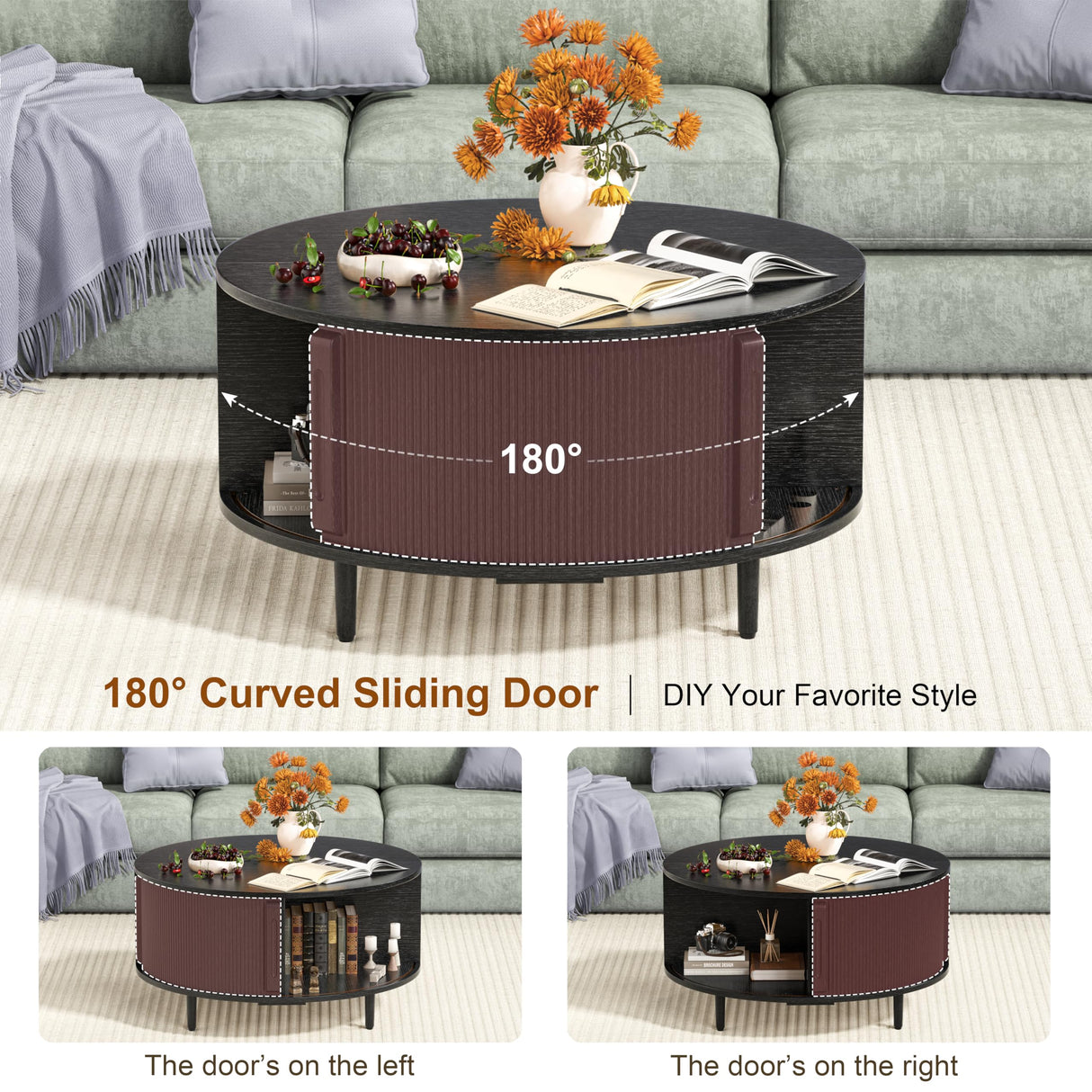 Round Coffee Table, 31.5" Fluted Center Table with Storage, Lift-Top Coffee Table with Adjustable Footpads, Sliding Door, Mid-Century Modern Center Table for Living Room, Small Space (Black) BEROXII