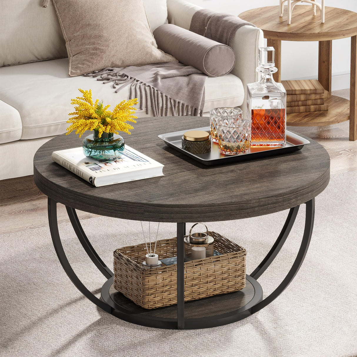 Tribesigns Round Coffee Table, 31.7" Wooden 2-Tier Circle Coffee Table with Storage Shelves, Modern Accent Cocktail Table Center Table for Living Room, Grey