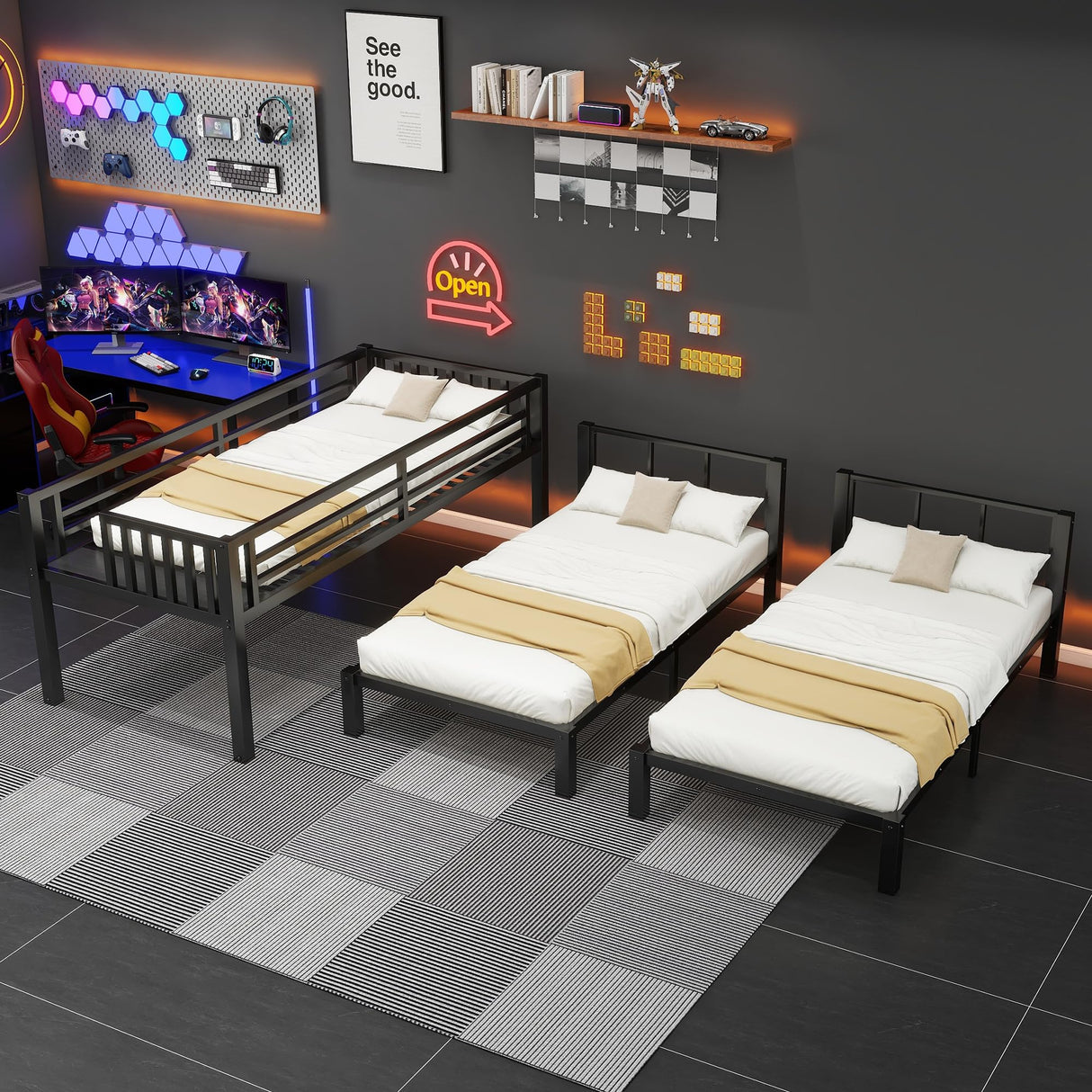 Triple Bunk Beds for Kids with LED Light, Heavy Duty Metal 3 Bunk Beds with Charge Station & Storage Shelf, Triple Bed for 3 Kids, Convertible Three Bunk Frame for Boys, Girls and Teens, Black Duxelifin