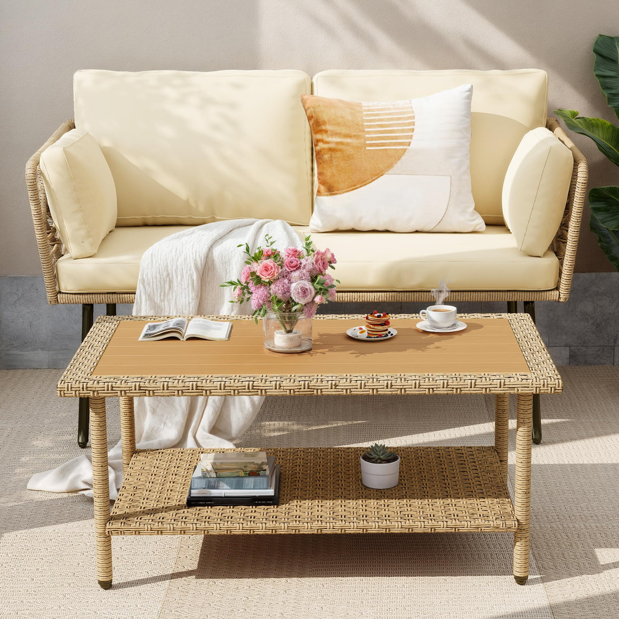 DWVO 2-Piece Patio Set, Wicker Loveseat with Plush Cushions & Rattan Side Table, All-Weather Outdoor Conversation Furniture for Balcony, Deck, Backyard, Poolside DWVO