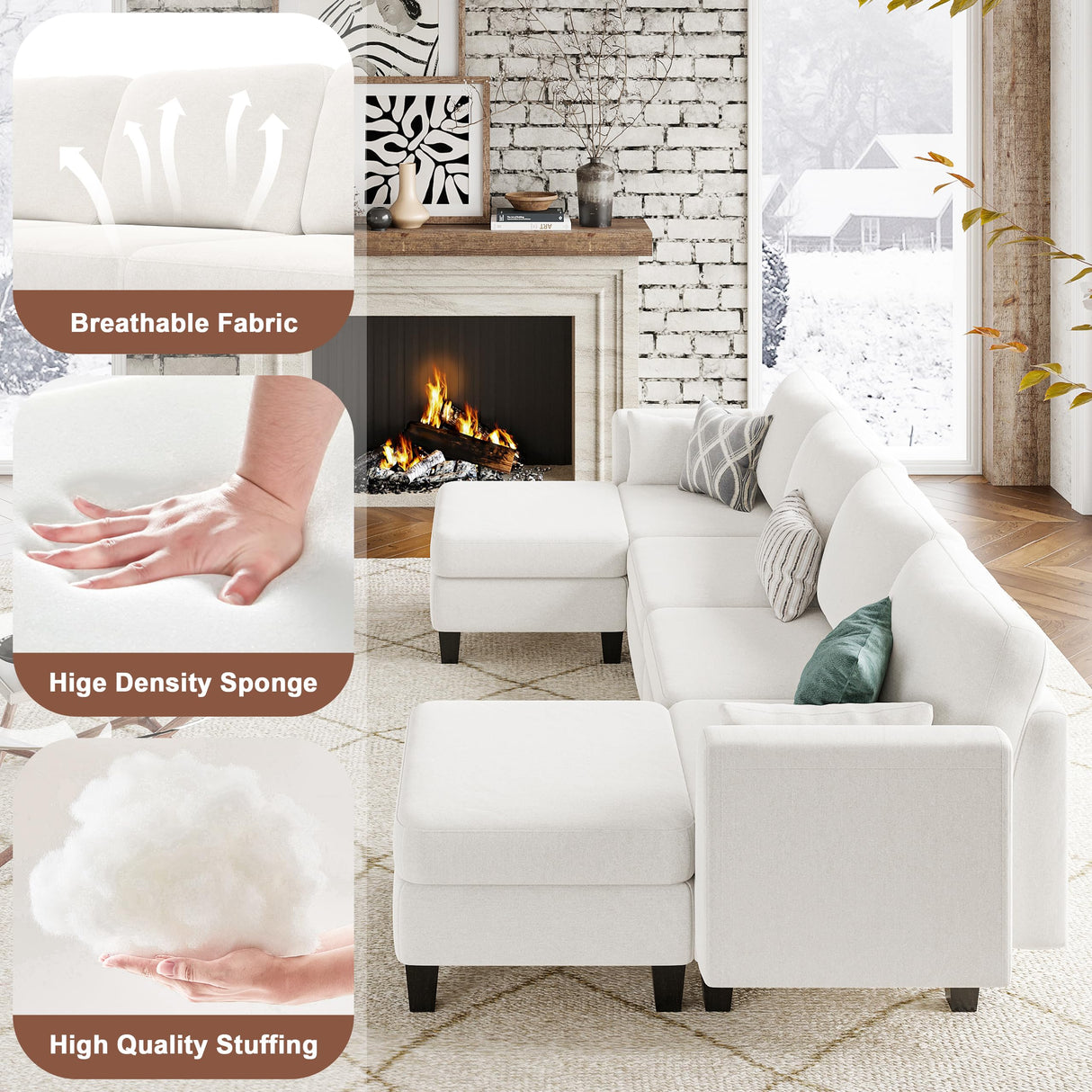 Huatean Home Modular Sectional Sofa, Convertible U Shaped Sofa Couch with High Density Memory Foam, 6 Seat Comfy Modular Sofa Couch for Living Room, Modern U Shaped Sectional Sofa, White Huatean Home