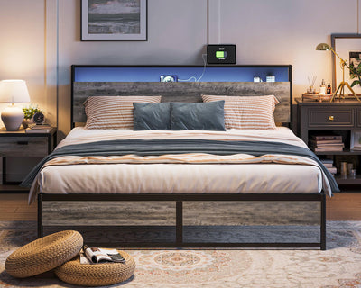 LINSY Ergonomic King Size Bed Frame with Storage Headboard, Charging Station & LED Lights