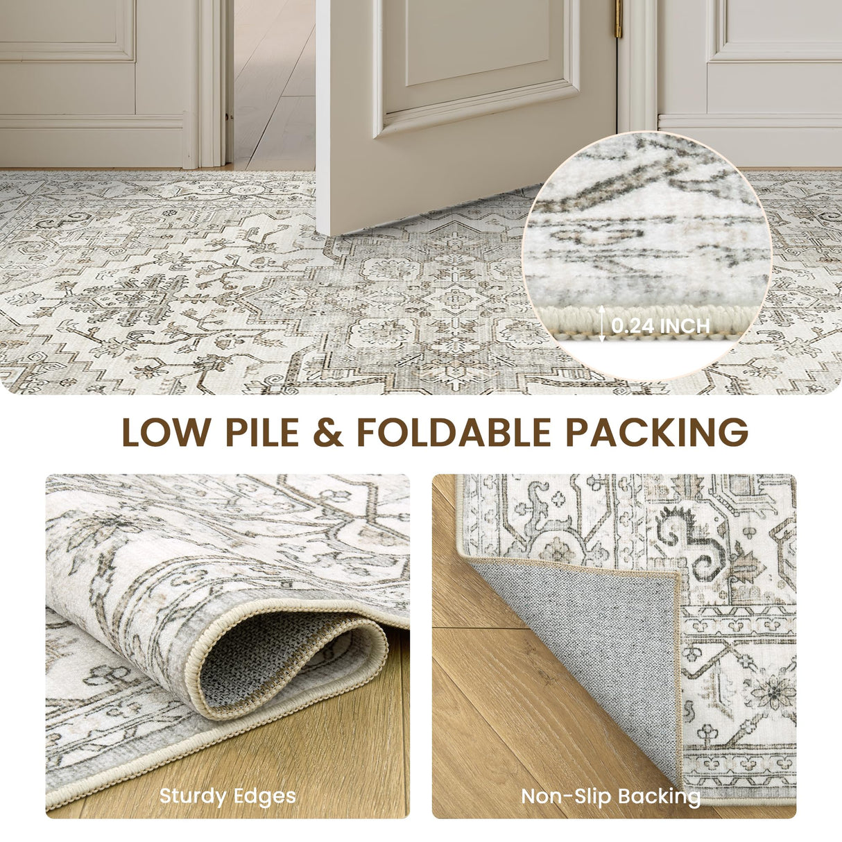 Area Rugs for Living Rooms - 6x9, Boho Non-Slip Low Pile Carpet Machine Washable Rugs for Bedroom, Farmhouse, Office, Dining Room (Beige) befbee