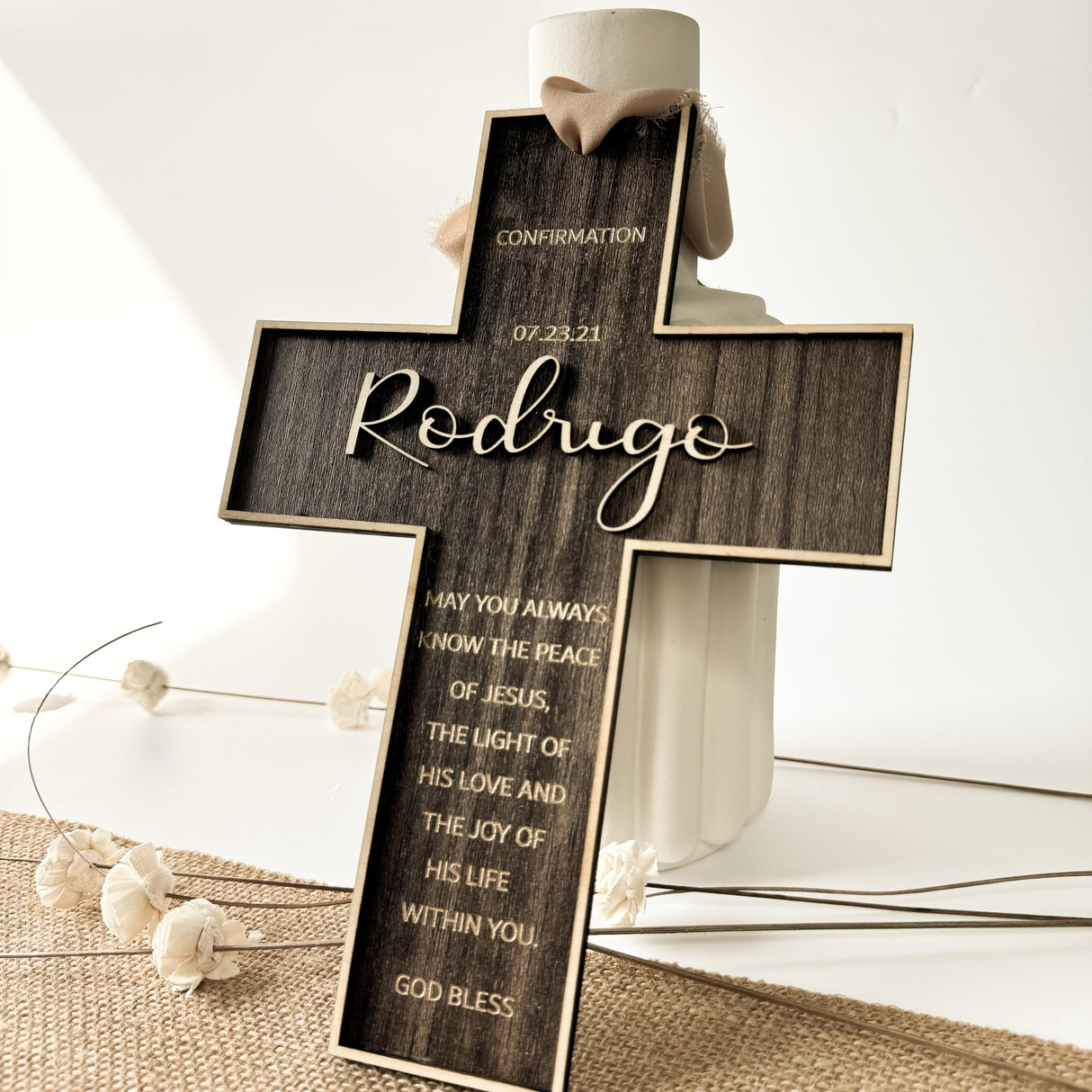 Personalized Engraved Wooden Cross, Christian WoodCcross for Baptism, Holy Communion, Confirmation or Newborn Gift Keepsake with Custom Name and Date with Message LIGHTIT STUDIO