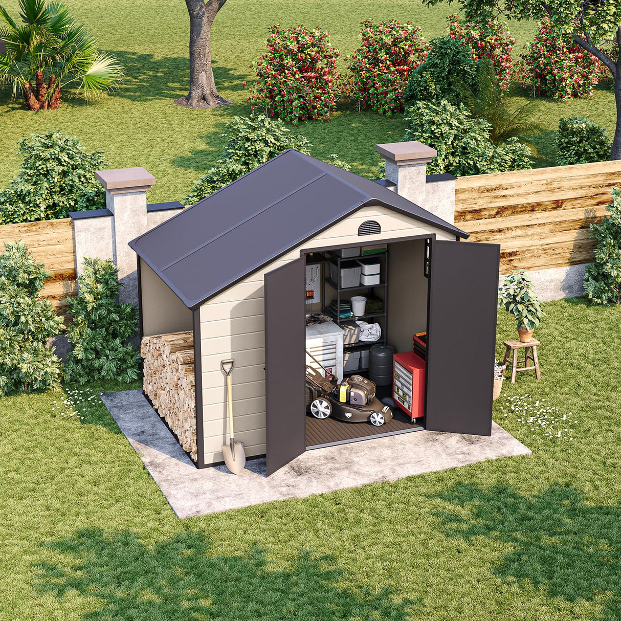 BIGoods 8.5 ft. W x 6.3 ft. D Resin Outdoor Patio Storage Shed with Firewood Rack, Floor and Lockable Door BIGoods