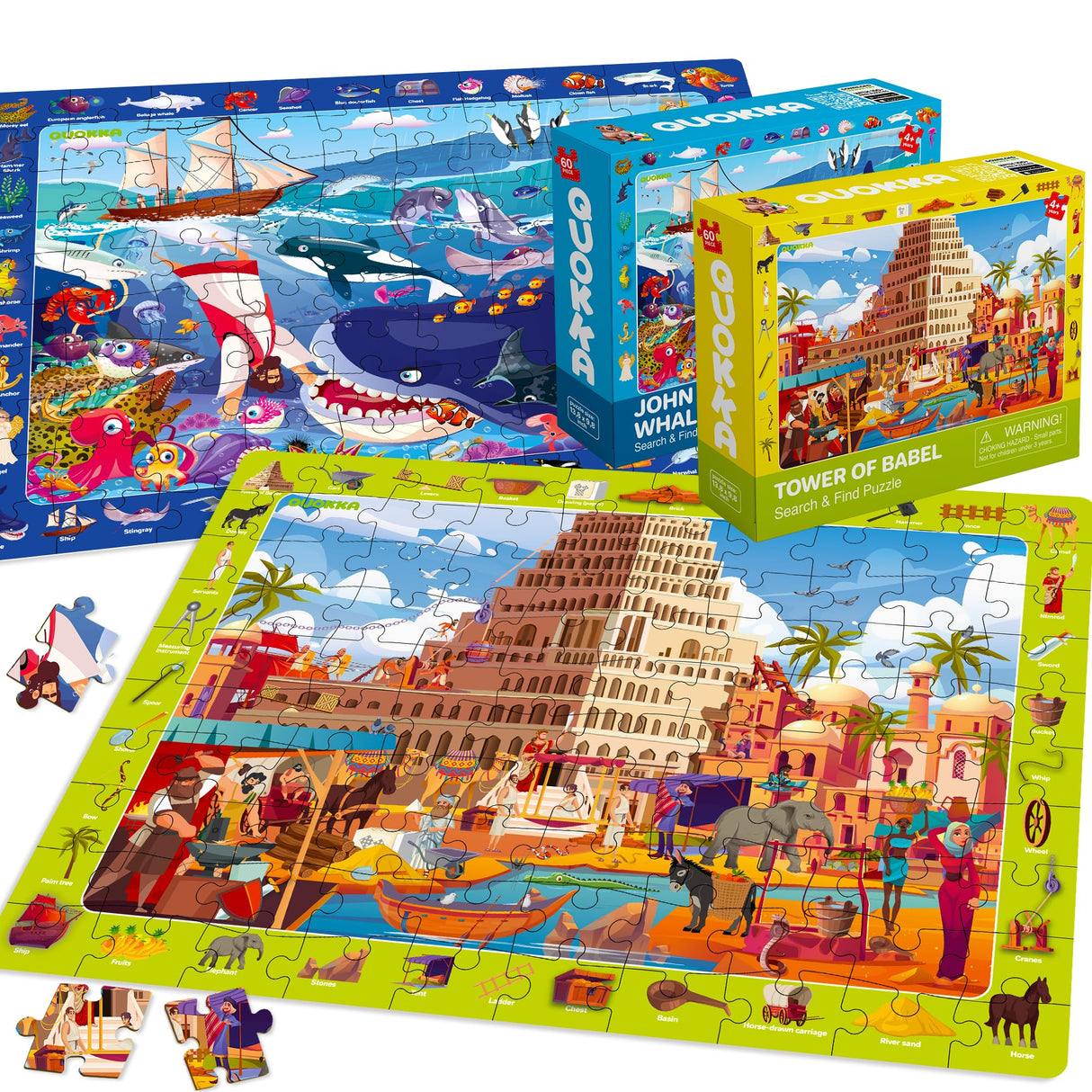 QUOKKA 60 Piece Kids Puzzles Ages 5-8 - Set of 4 Bible Jigsaw Puzzles for Kids 4-6-10 Year Old - Tower of Babel | Noah`s Ark | Eden Toys for Children 5-7 yo - Christian Gifts for Boys & Girls QUOKKA