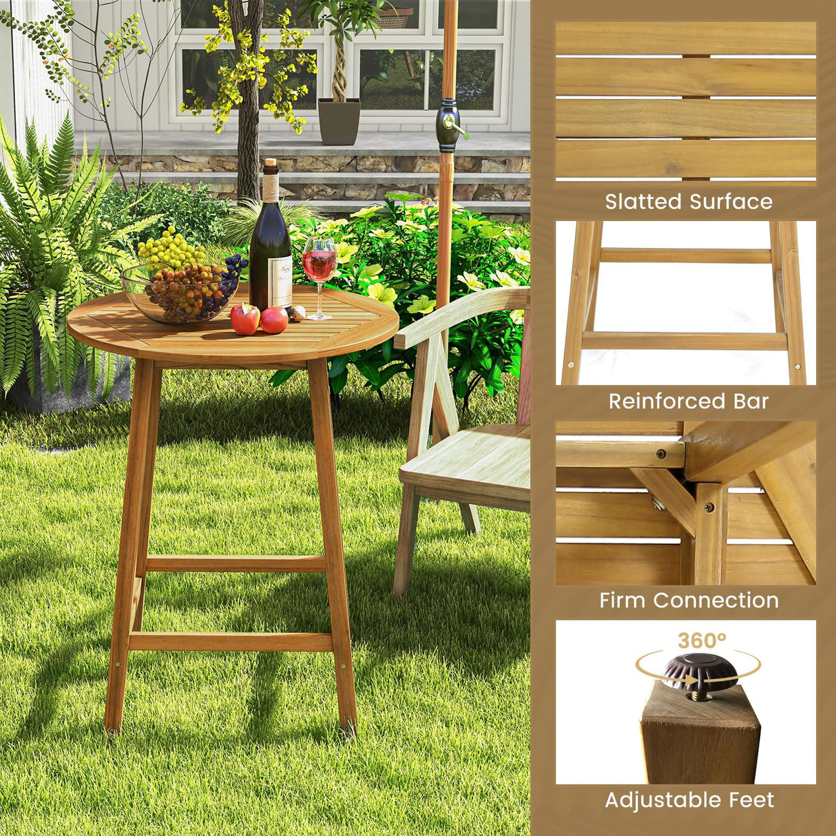 Tangkula 31.5” Natural Acacia Wood Round Patio Bar Table with Umbrella Hole Tangkula