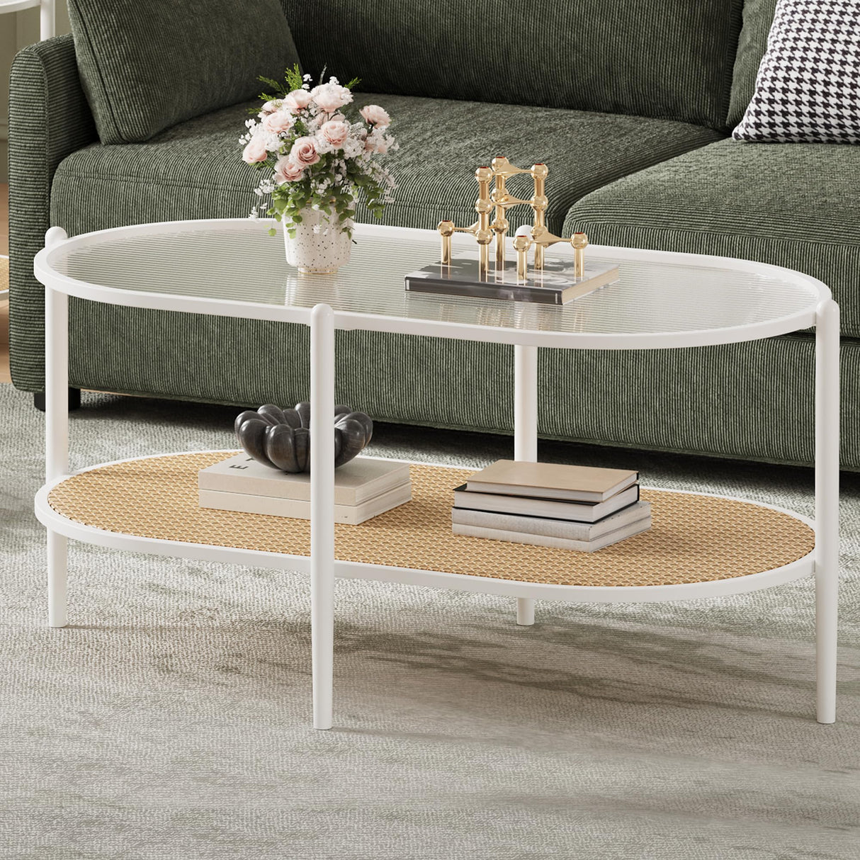 Boho Rattan Coffee Table with Glass Top, 2-Tier Oval Center Table with Metal Frame & Storage Shelf, Rustic Farmhouse Living Room Accent Tea Table for Apartment, Bedroom, Office White IDEALHOUSE