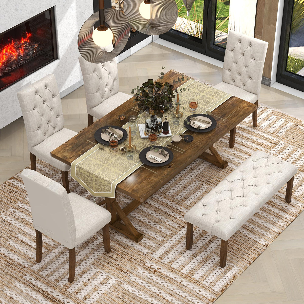 LUMISOL 6 Piece Dining Table Set with Bench and Chairs Farmhouse Style ...