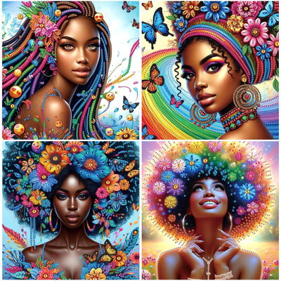 4pcs DIY Diamond Art Painting Kit- African American beauties, 5D Diamond Art Crafts, Suitable for Beginners, Suitable for Home, Art Wall, and Festival Party Decoration, Creative Home Decoration Gifts