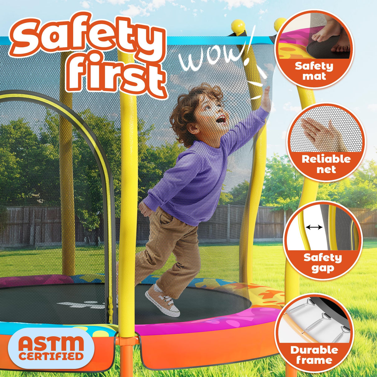 Happin® 55” Toddler Trampoline Indoor & Outdoor Playset Ages 1-6, 5FT Kids Trampoline, Ultra Safe Mini Trampoline for Kids with Safety Enclosure Net, Gifts for Birthday with Basketball Hoop Happin