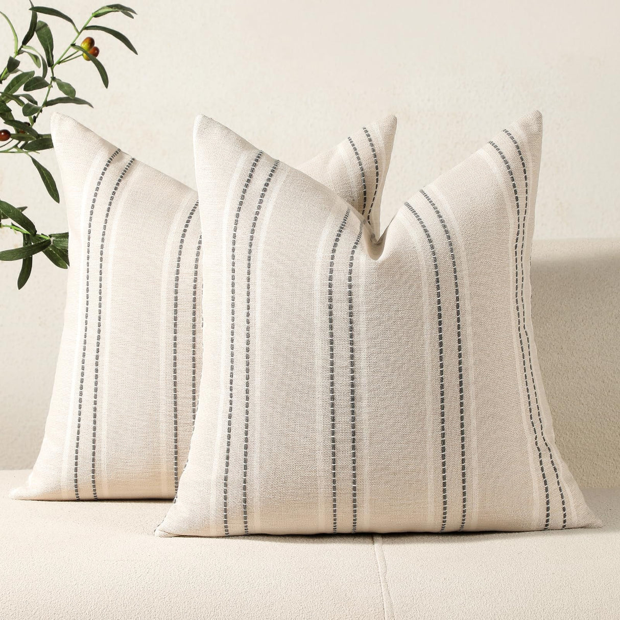 Hckot Throw Pillow Covers 20x20 Set of 2 Striped Pillow Covers Textured Linen Decorative Pillows Square Cushion Covers for Sofa Couch Bed Living Room Farmhouse Decor, Grey Hckot