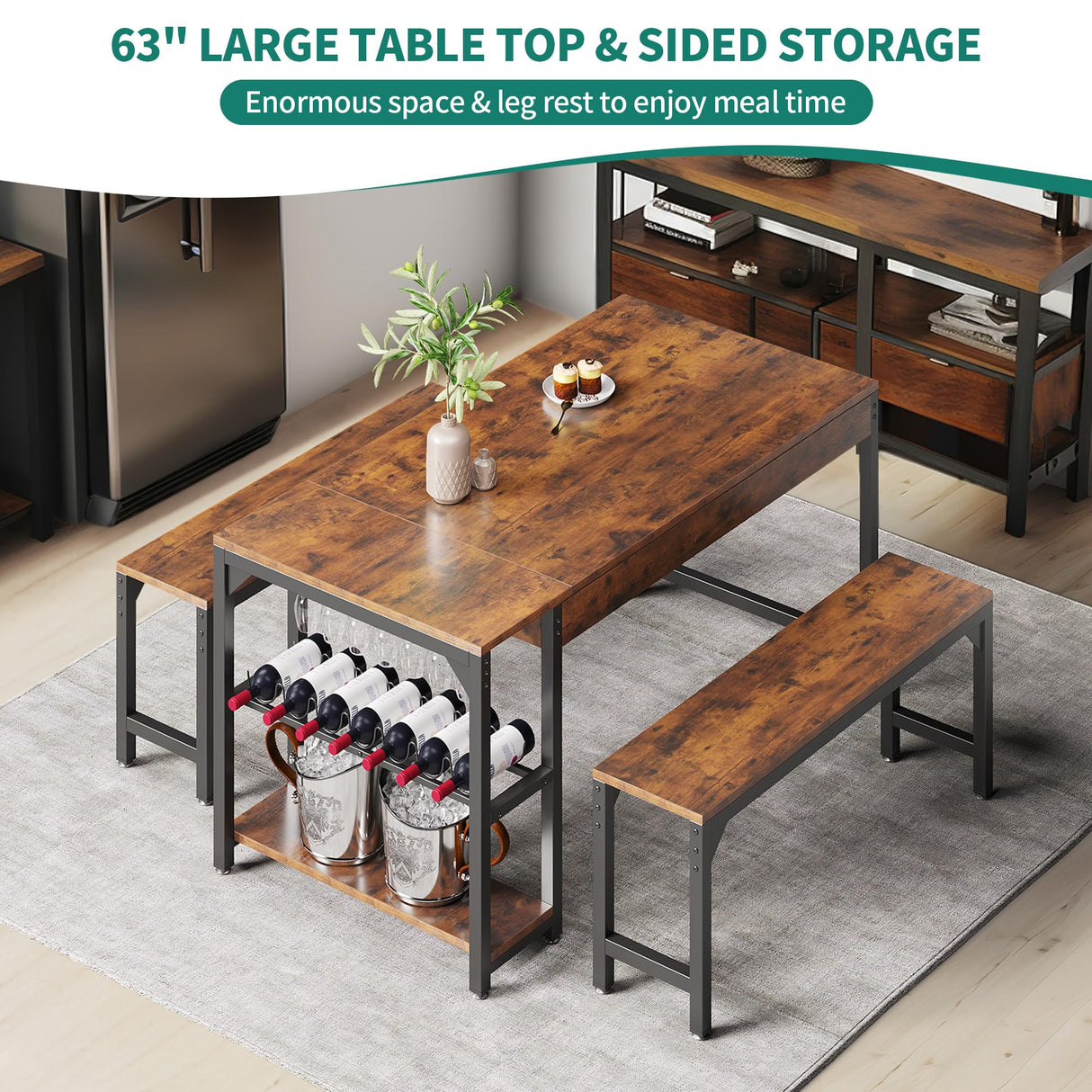 YITAHOME 63" 3 Piece Kitchen Dining Room Table Set for 4 w Bench & Storage, Farmhouse Rectangle Dinette Sets w Wine & Glass Holder 4 Seater, Space Saving for Apartment Dinner Breakfast, Rustic Brown YITAHOME