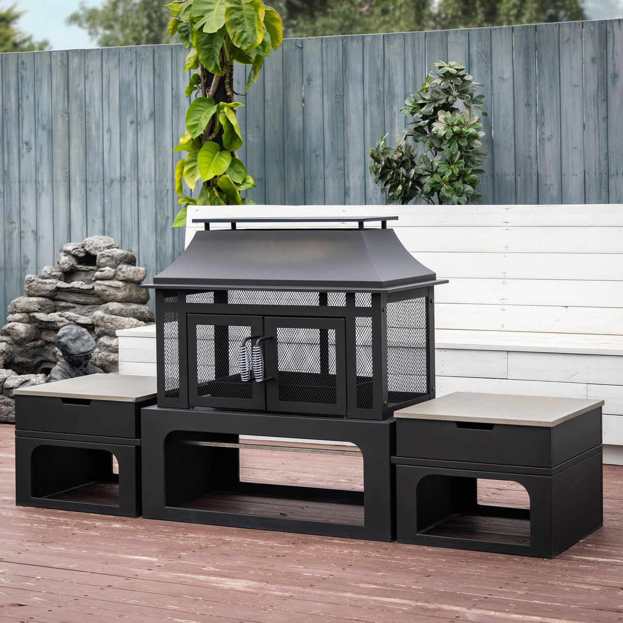 Deko Living 70 Inch Rectangular Outdoor Fireplace - Steel Woodburning Fireplace with Side Tables - Fire Place with Integrated Log Storage and Log Poker - Durable Fireplace for Patio Backyard Deko Living