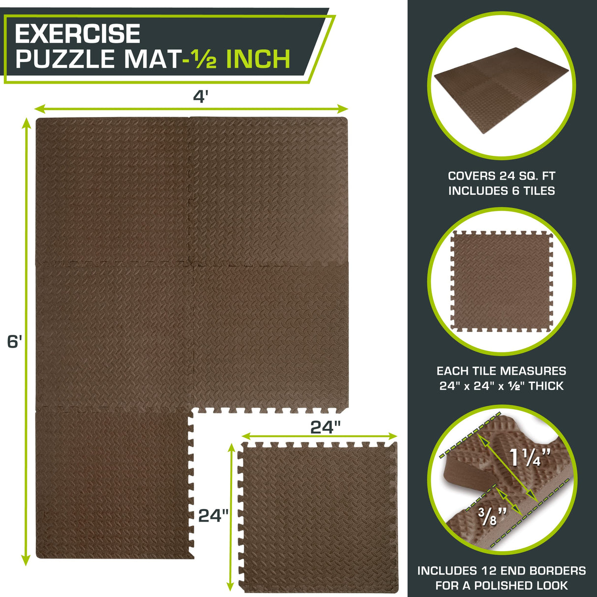ProsourceFit Puzzle Exercise Mat ½ in, EVA Interlocking Foam Floor Tiles for Home Gym, Mat for Home Workout Equipment, Floor Padding for Kids, Brown, 24 in x 24 in x ½ in, 24 Sq Ft - 6 Tiles ProsourceFit
