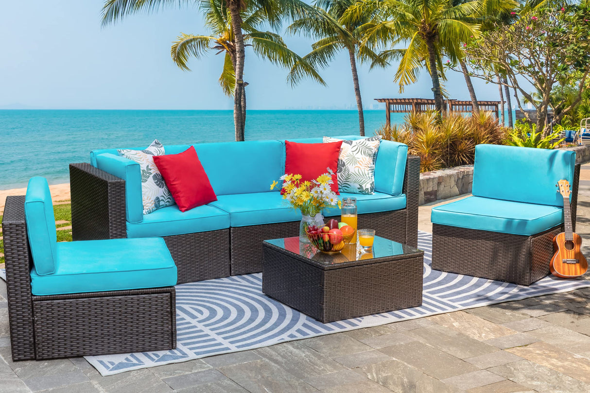 Vongrasig 6 Piece Small Patio Furniture Sets, Outdoor Sectional Sofa All Weather PE Wicker Patio Sofa Couch Garden Backyard Conversation Set with Glass Table,Blue Cushions and Red Pillows (Blue) Vongrasig