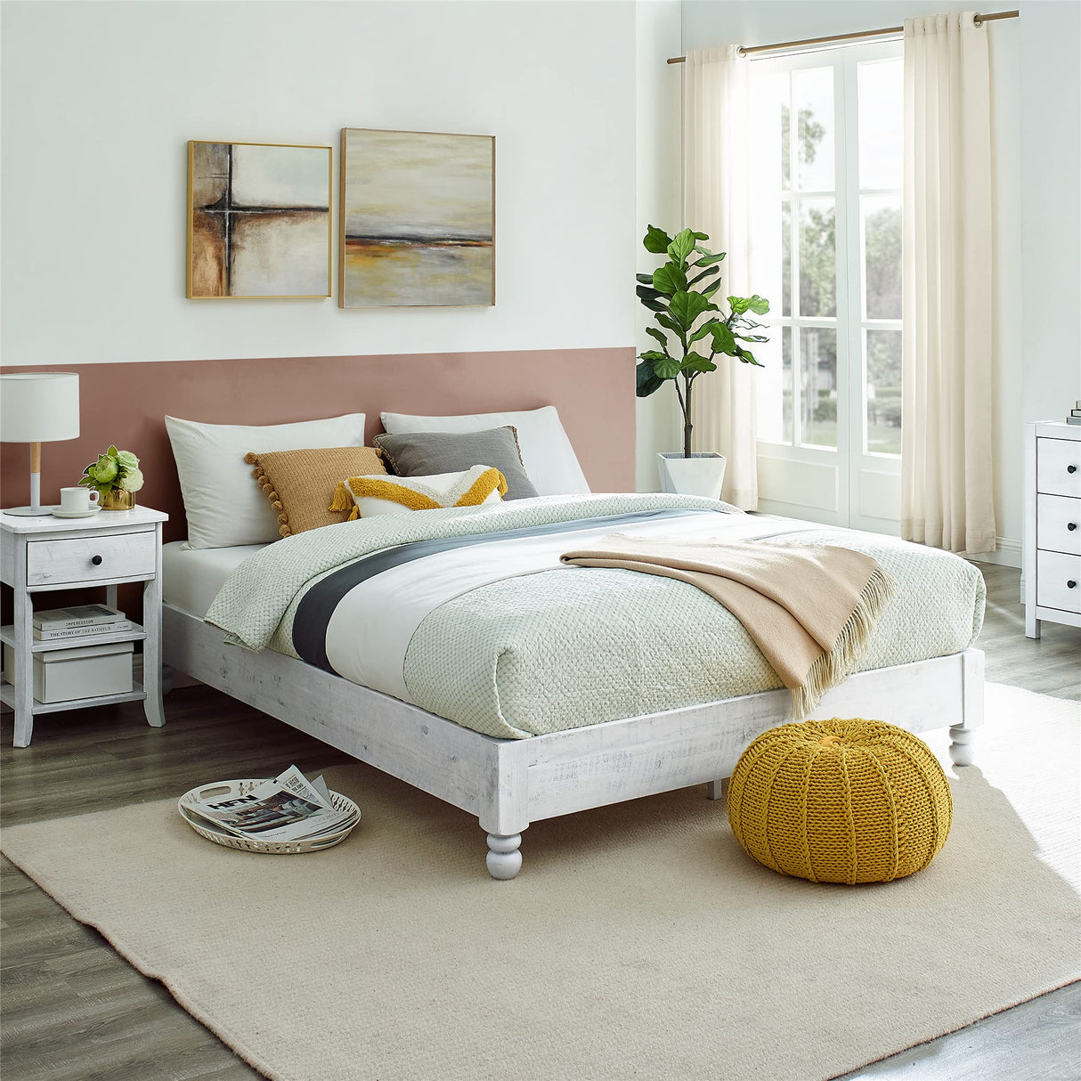 MUSEHOMEINC Solid Wood Platform Bed Frame Rustic Style,Mattress Foundation(no boxspring Needed), White Washed Finish,Full MUSEHOMEINC