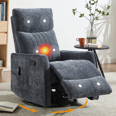 Manual Swivel Rocker Recliner Chair for Adults, Overstuffed Recliner Glider with Massage and Heat, Living Room Reclining Chair, Fabric Blue