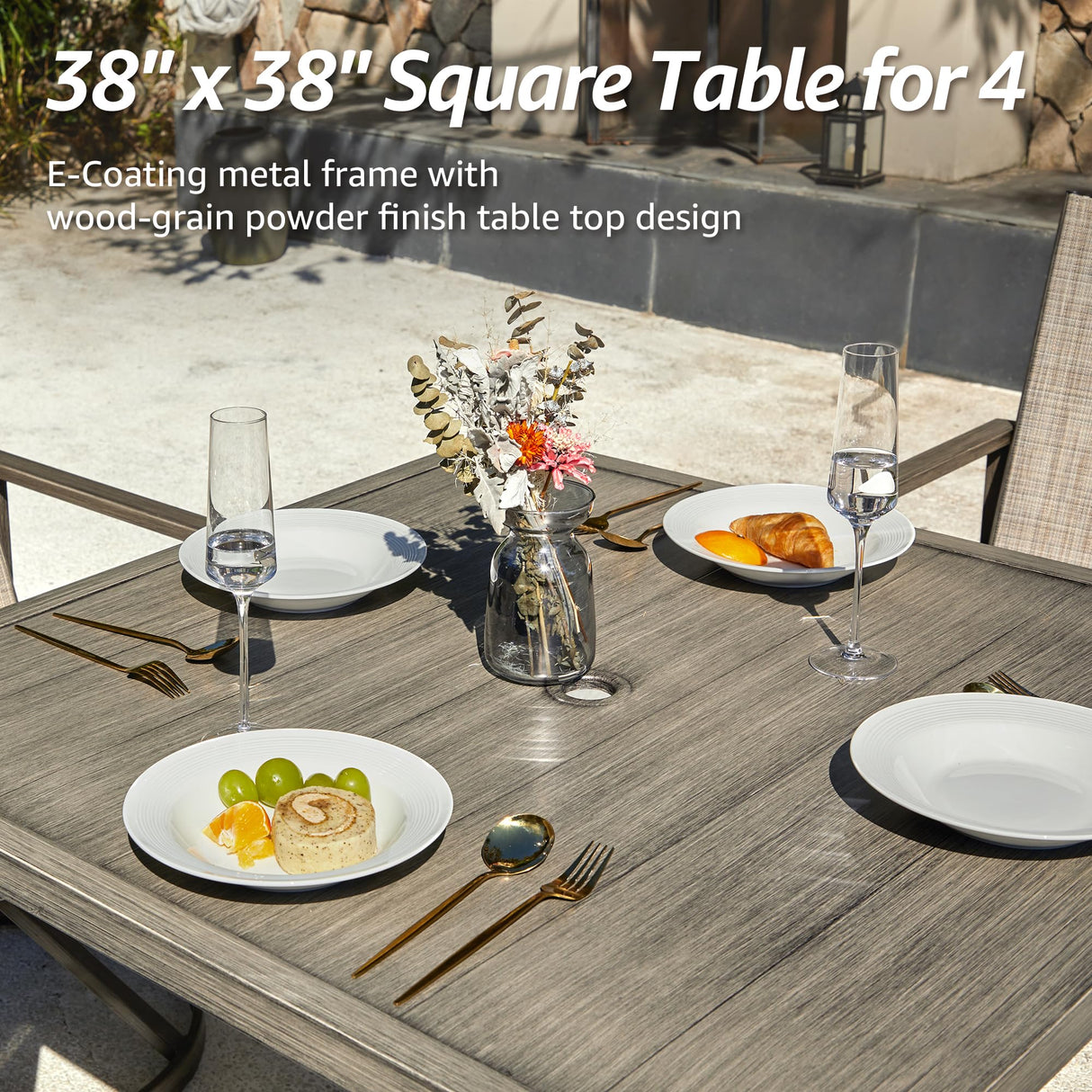 NATURAL EXPRESSIONS Patio Swivel Dining Set of 5, 4-Piece Mesh Sling High Back Chairs, 1-Piece 38" Square Woodgrain Steel Dining Table with 1.65'' Umbrella Hole for Outdoor Garden Yard NATURAL EXPRESSIONS