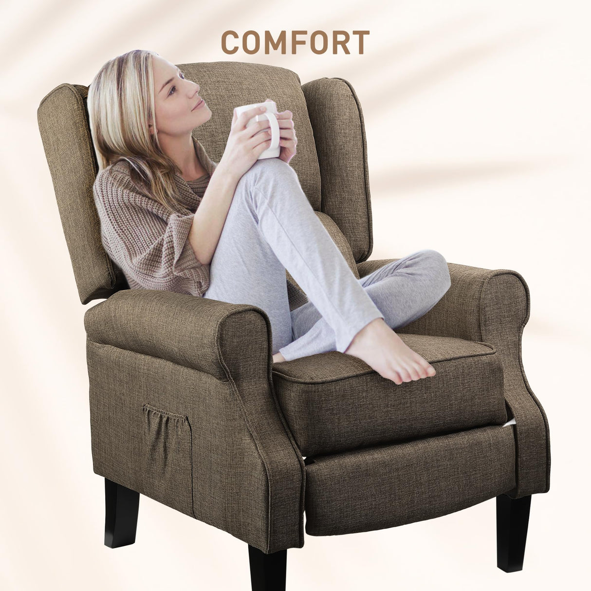 HOMCOM Vibration Massage Recliner Chair for Living Room with Heat, Wingback Single Sofa, Modern Linen Fabric Push Back Reclining Chair with Footrest, Side Pocket, Brown HOMCOM