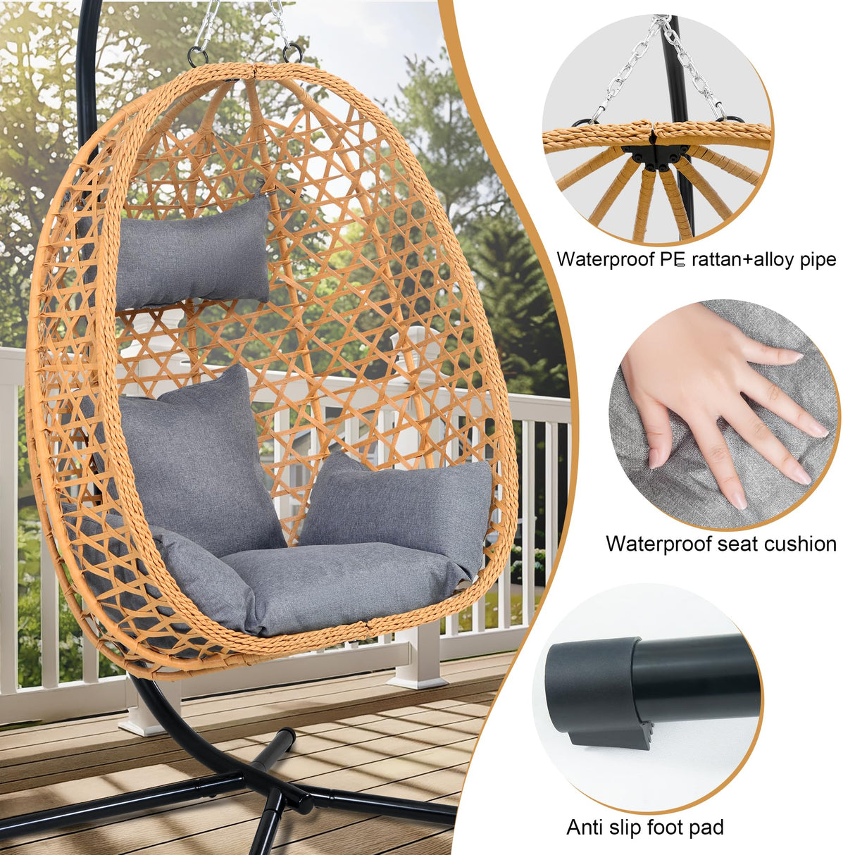 Hoffeorrad Hanging Egg Chair with Stand & Cushions - All-Weather Rattan Swing Chair for Patio, Balcony, Garden (Modern Boho Design, Ready-to-Use Indoor Outdoor) Hoffeorrad
