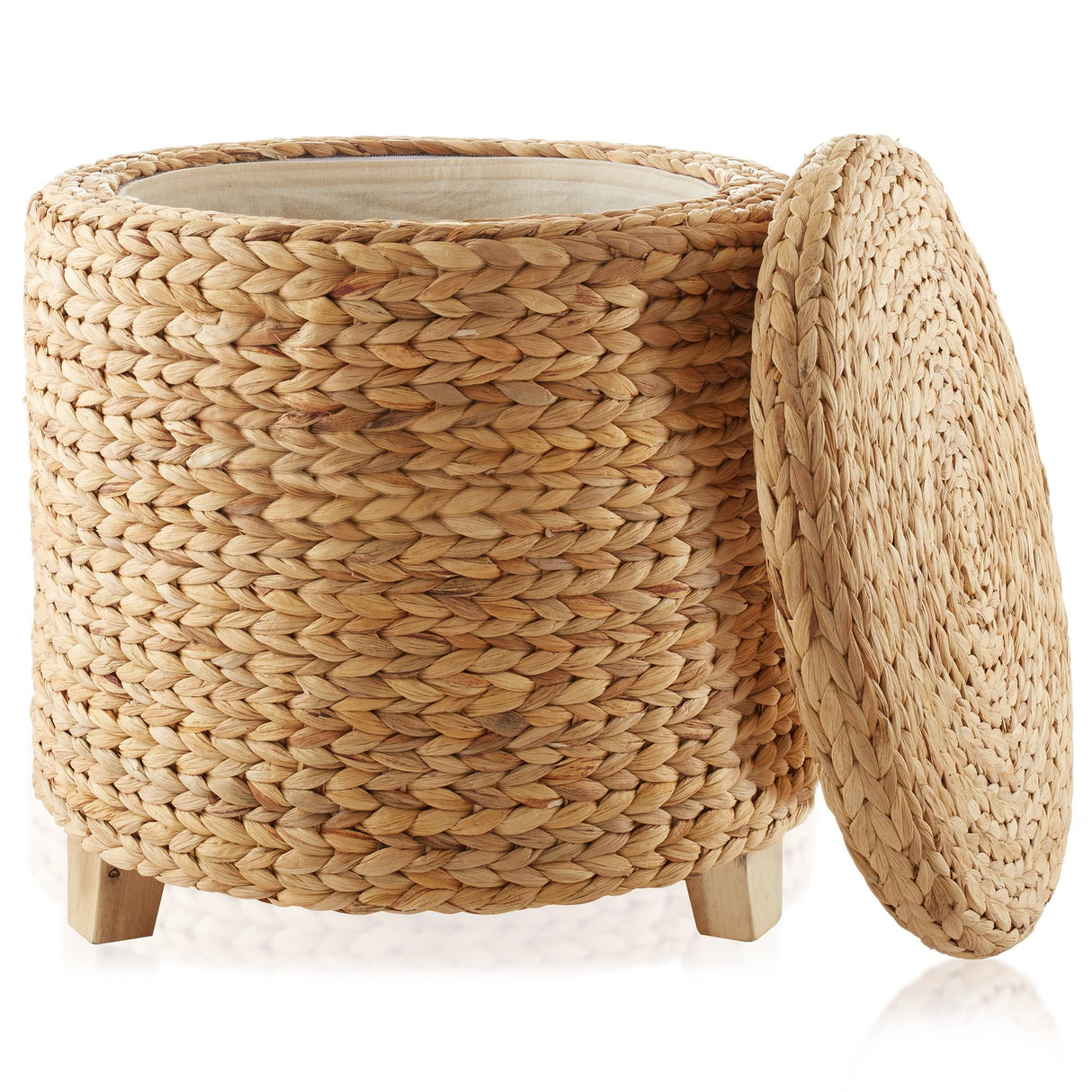 Casafield 17" Round Storage Ottoman with Lid - Natural, Handwoven Water Hyacinth Footstool for Living Room, Bedroom, Bathroom, Home Office Casafield