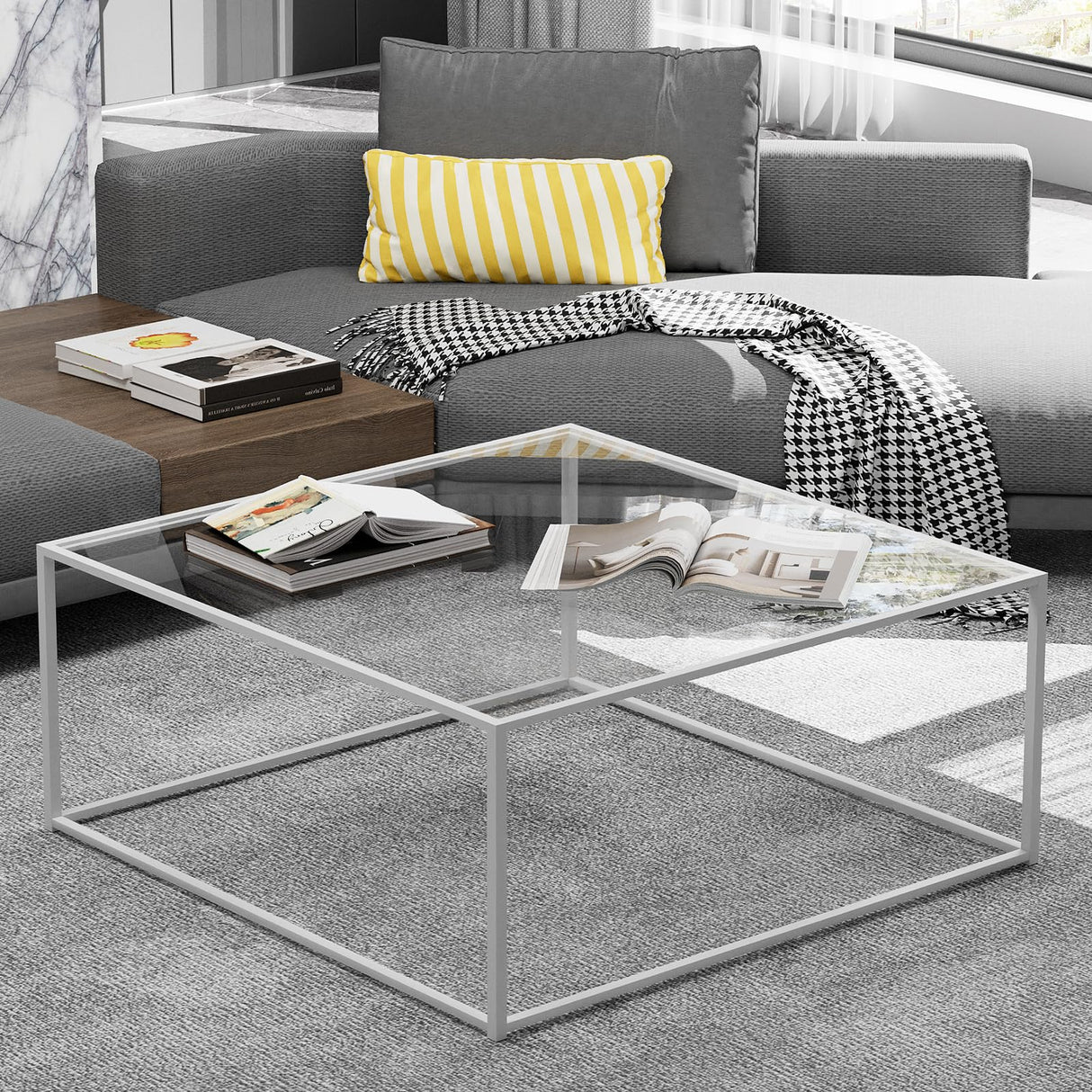 Glass Coffee Table Square Coffee Table for Small Space,Modern Minimalist Center Table for Living Room Home Office,Tempered Glass-top with Sturdy Metal Frame,Easy Assembly,27 x 27In, White Easy Paws
