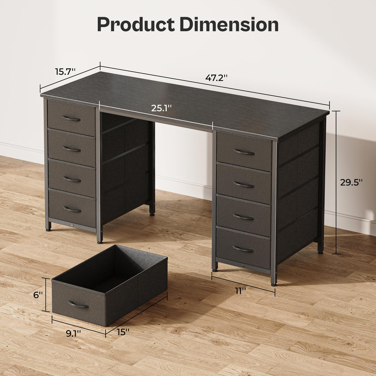 Huuger 47 Inch Computer Desk with 8 Drawers, Office Desk Work Desk for Home Office, Study, Gaming Desk with Fabric Drawers, Large Storage, Black Huuger