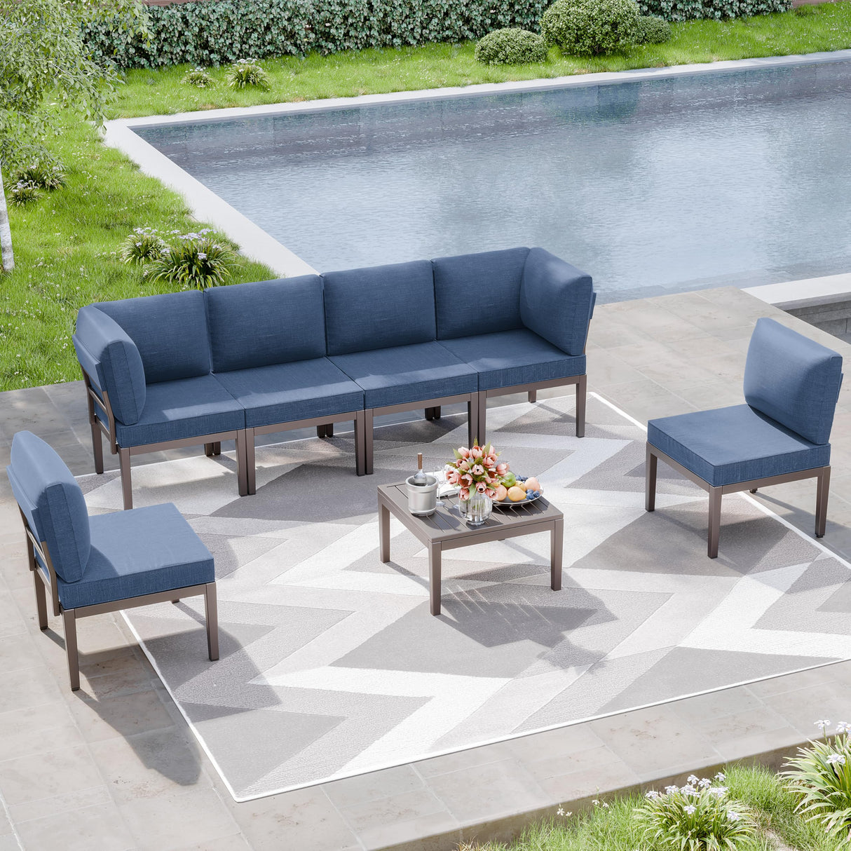 Kurapika 7 Pieces Metal Patio Furniture Set Modern Metal Outdoor Conversation Sets, Patio Sectional Sofa w/5 Inch Cushion and Coffee Table, Navy Blue Kurapika